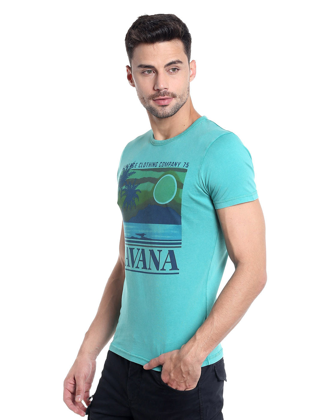 Teal Blue Havana Print Crew Neck T-Shirt
