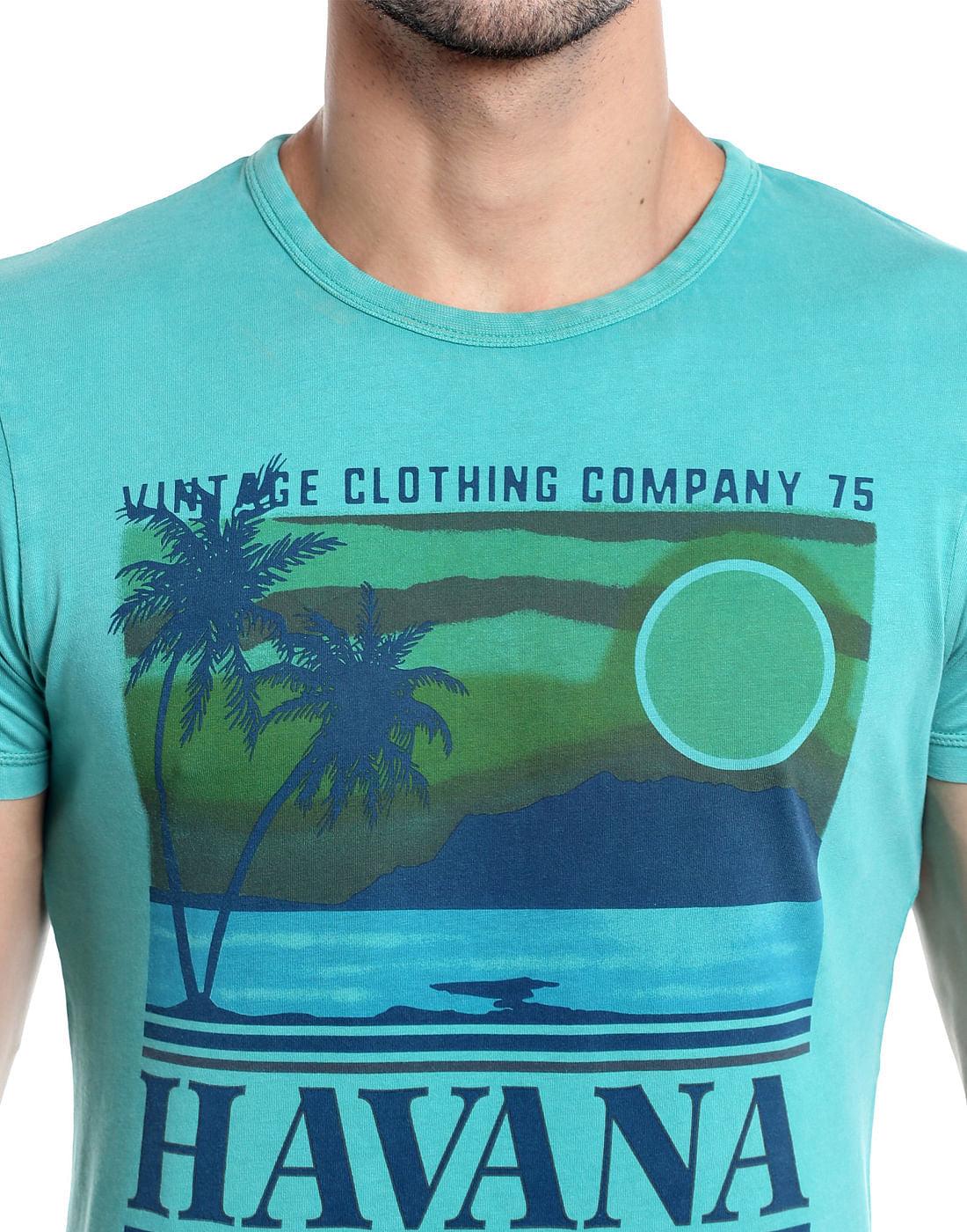 Teal Blue Havana Print Crew Neck T-Shirt