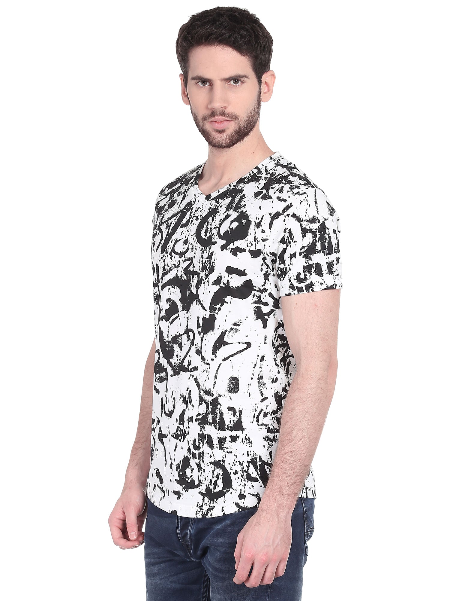 White Printed V-Neck T-Shirt