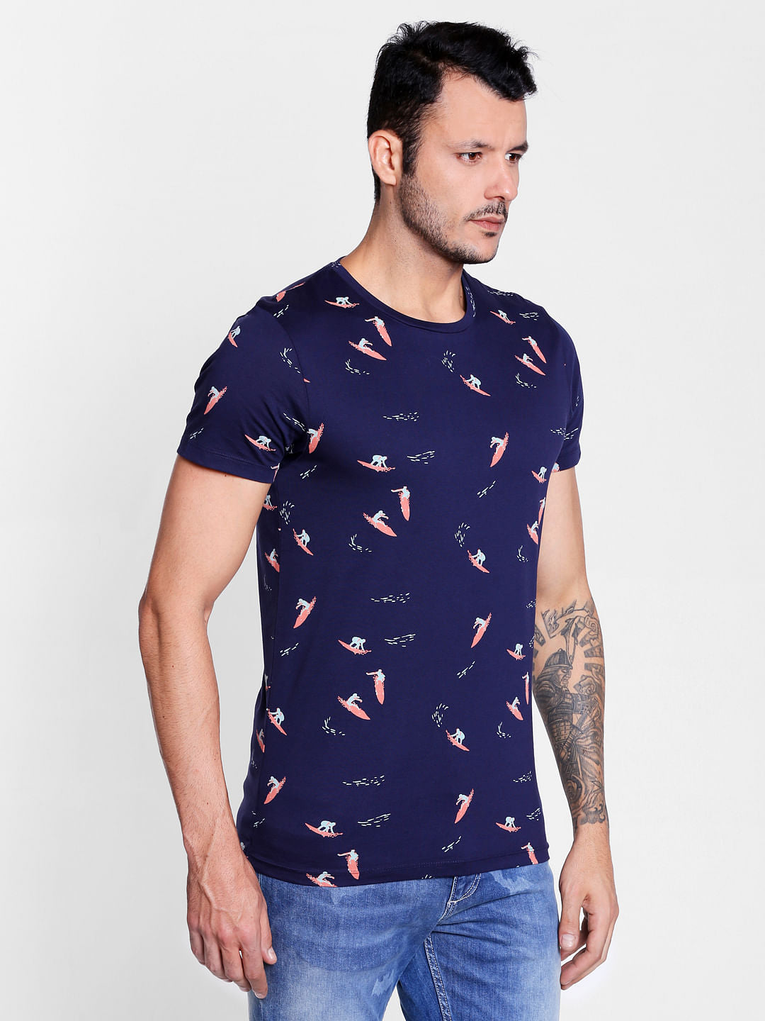 Surf Board Print Blue Crew Neck T-Shirt