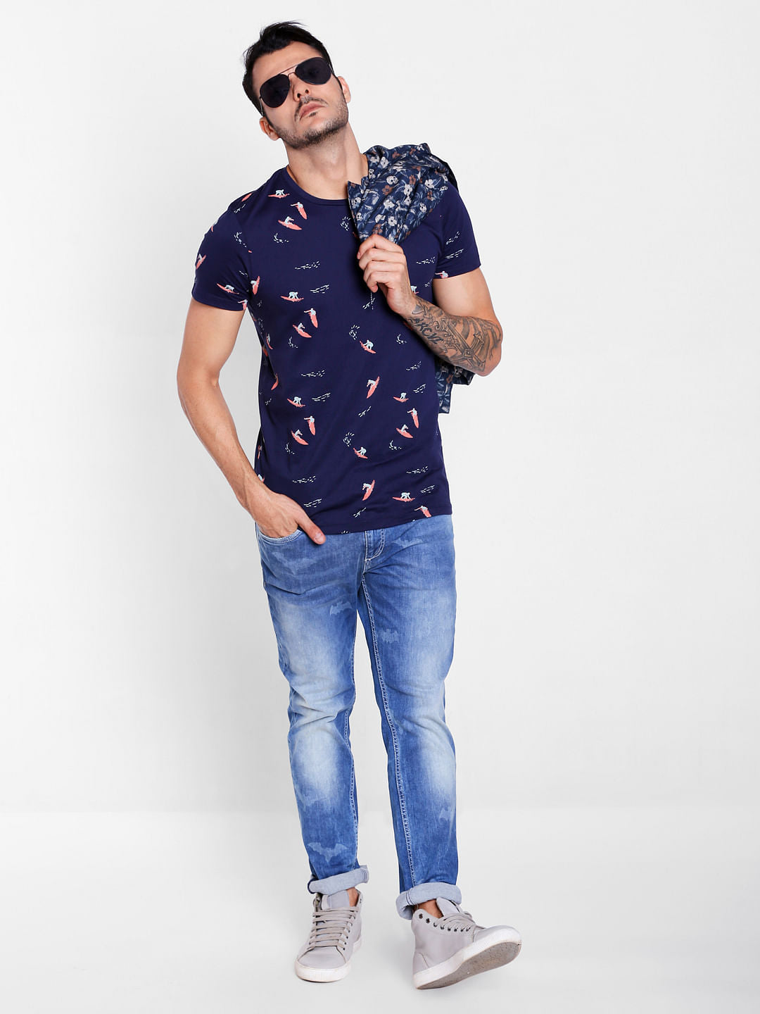 Surf Board Print Blue Crew Neck T-Shirt