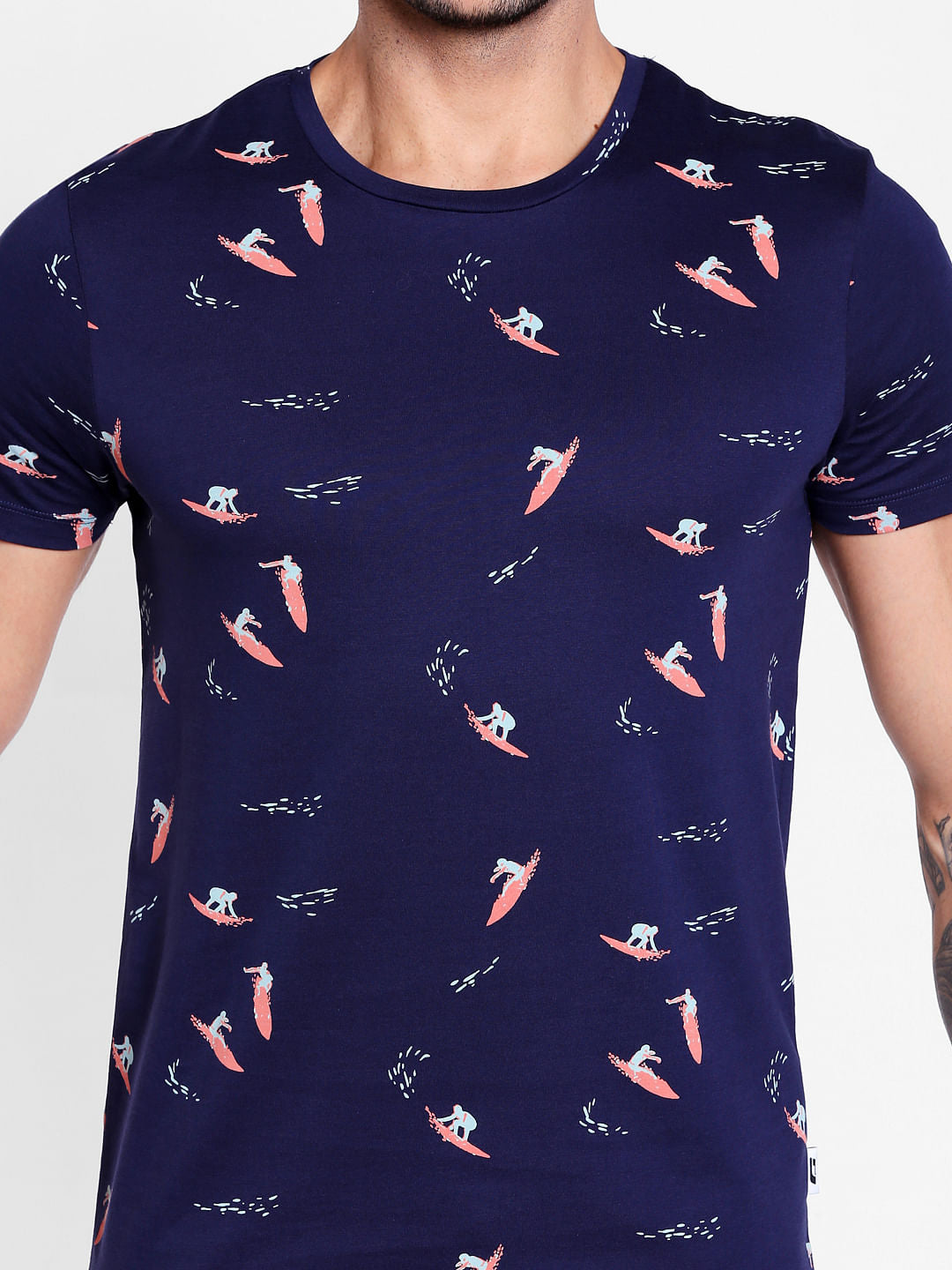 Surf Board Print Blue Crew Neck T-Shirt