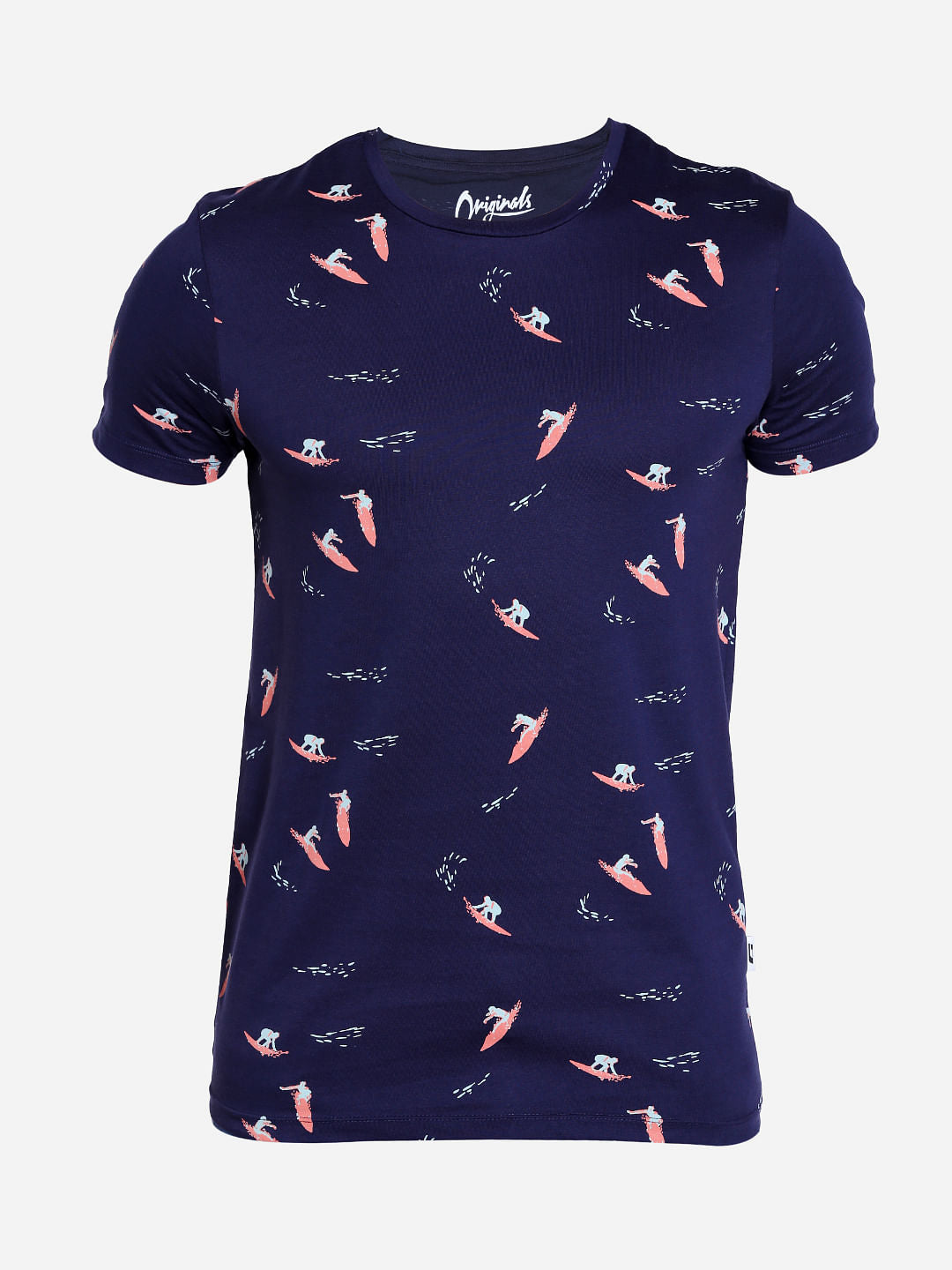 Surf Board Print Blue Crew Neck T-Shirt