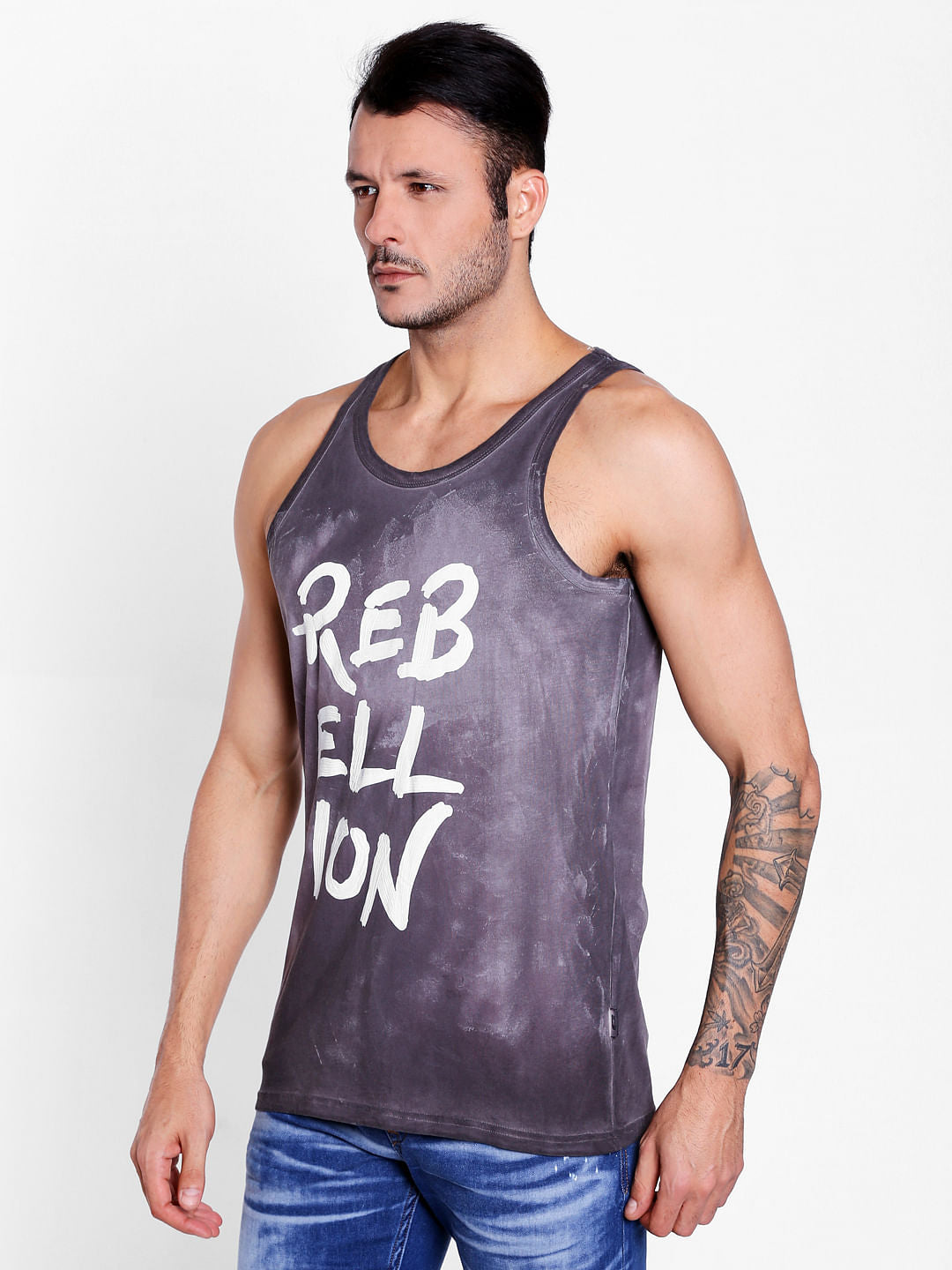 Dark Grey Slogan Print Tank Top
