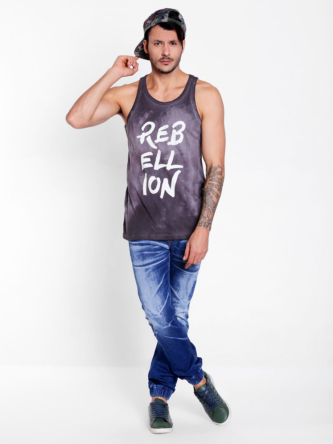 Dark Grey Slogan Print Tank Top
