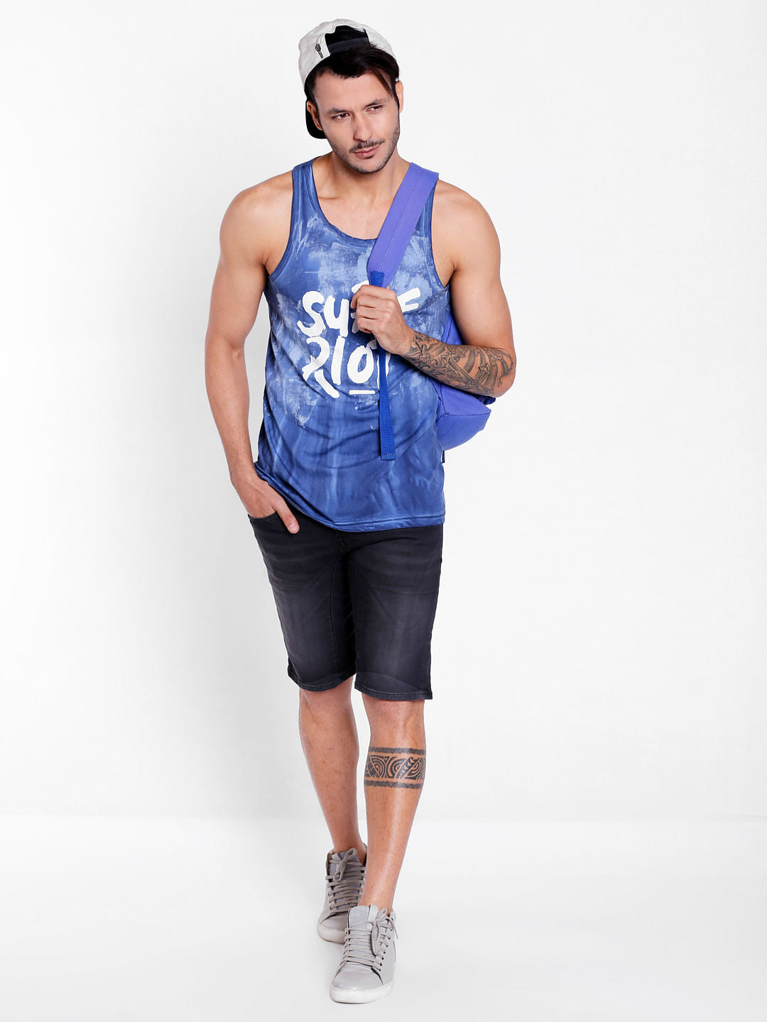Blue Slogan Print Tank Top