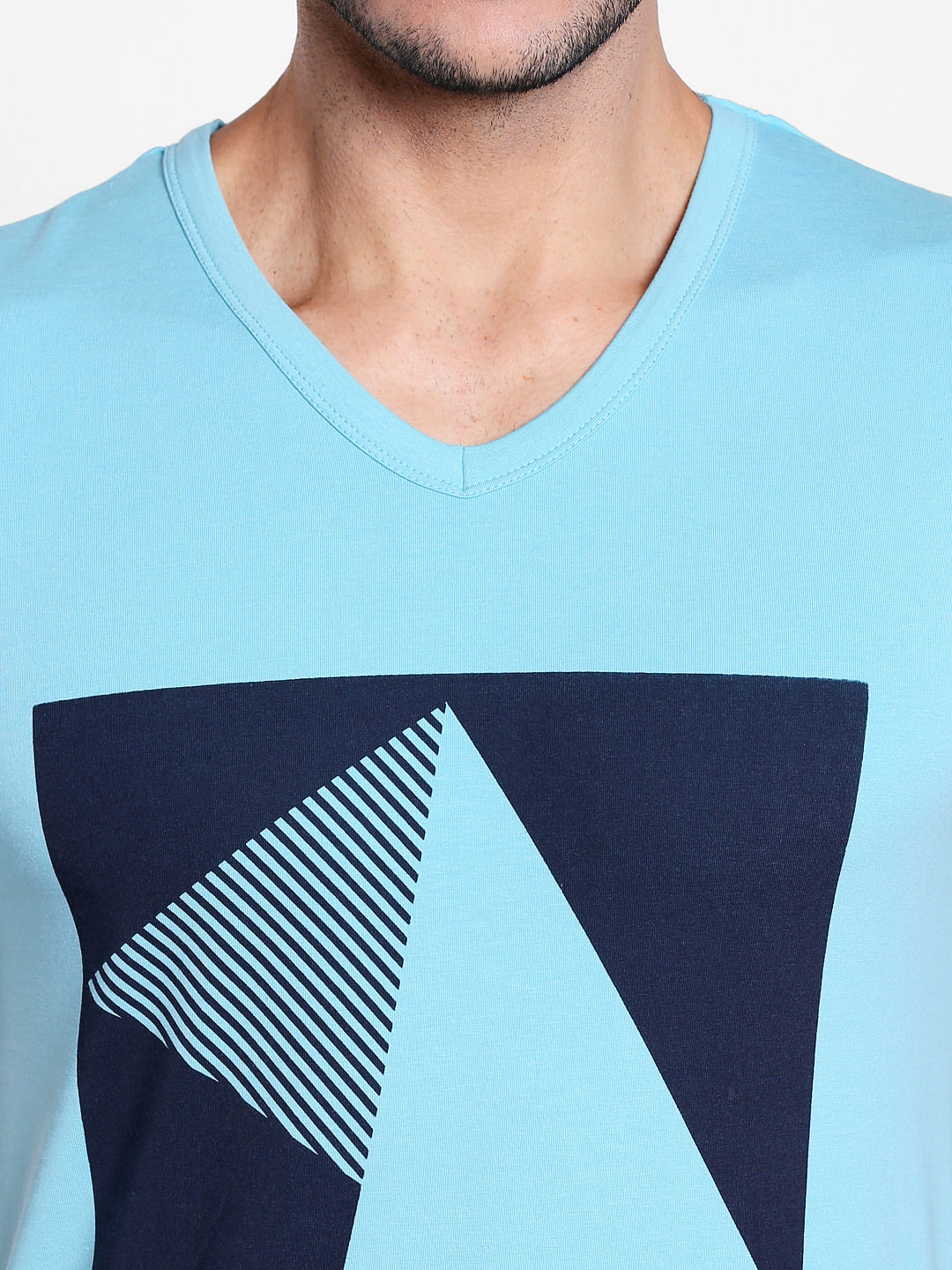 Aqua Blue Graphic Print V-Neck T-Shirt