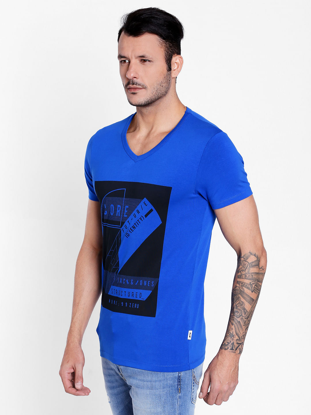 Electric Blue Graphic Print V-Neck T-Shirt