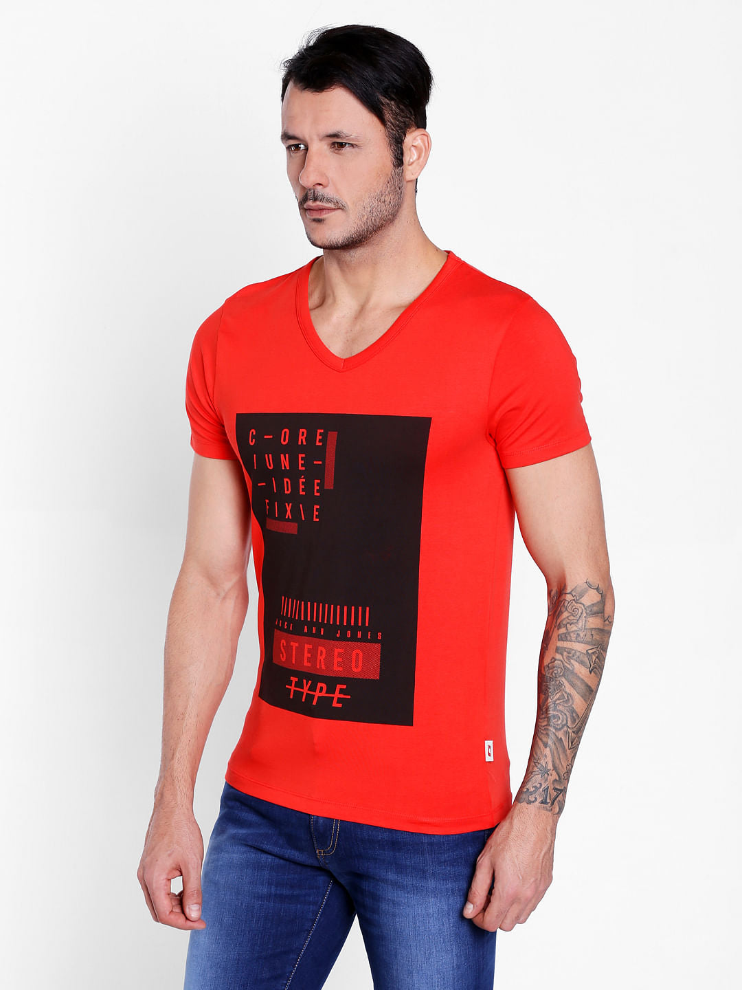 Bright Red Graphic Print V-Neck T-Shirt