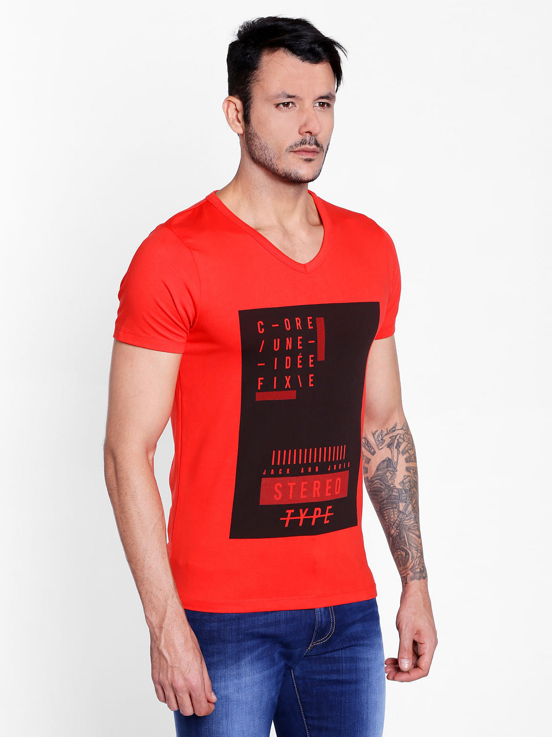 Bright Red Graphic Print V-Neck T-Shirt