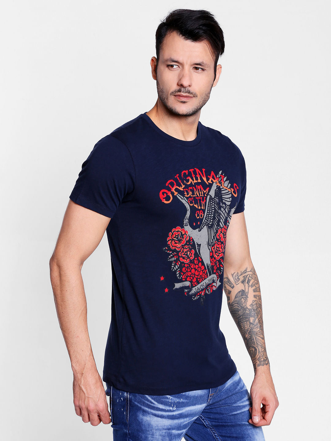 Dark Blue Graphic Print Crew Neck T-Shirt
