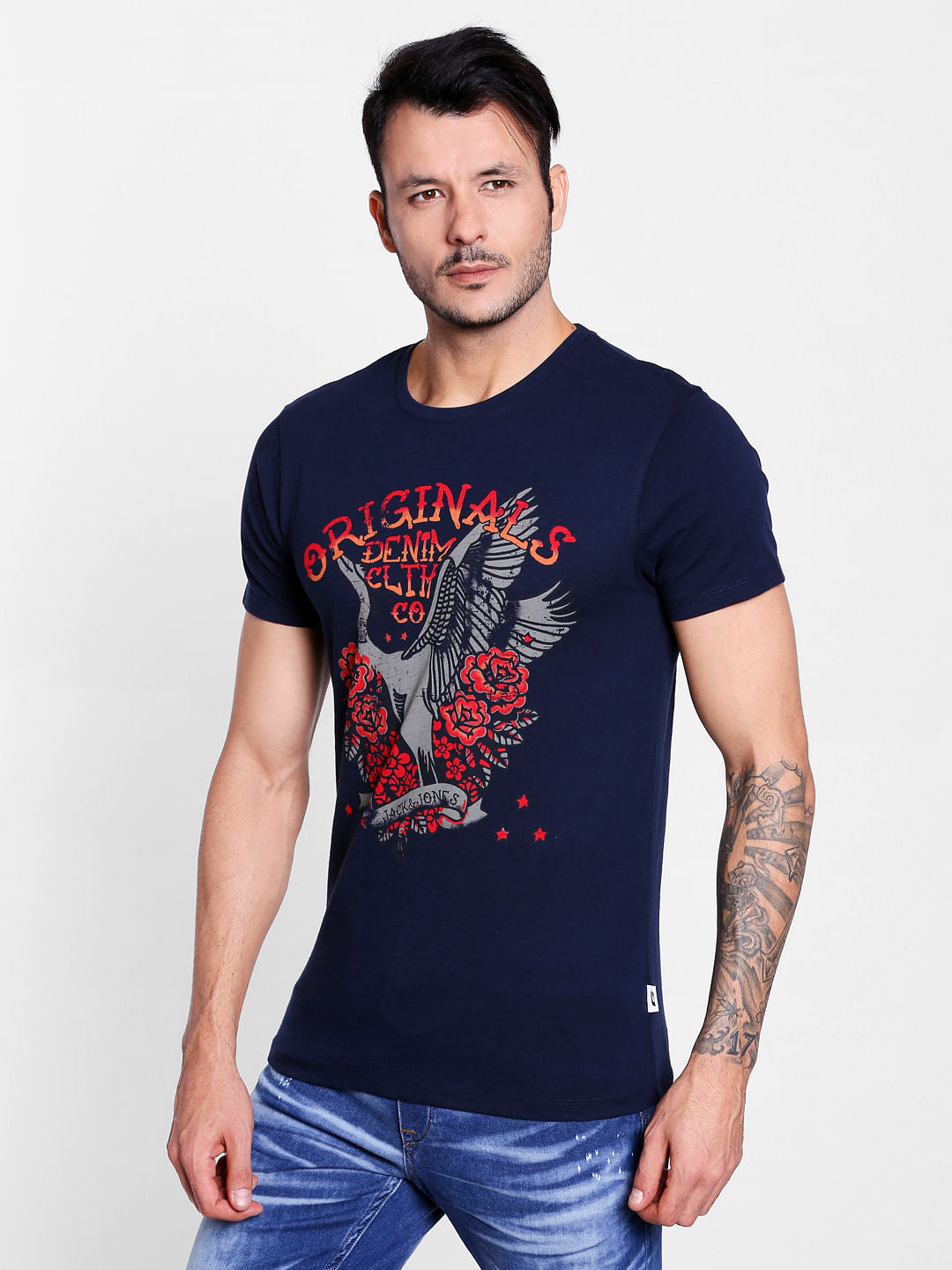 Dark Blue Graphic Print Crew Neck T-Shirt