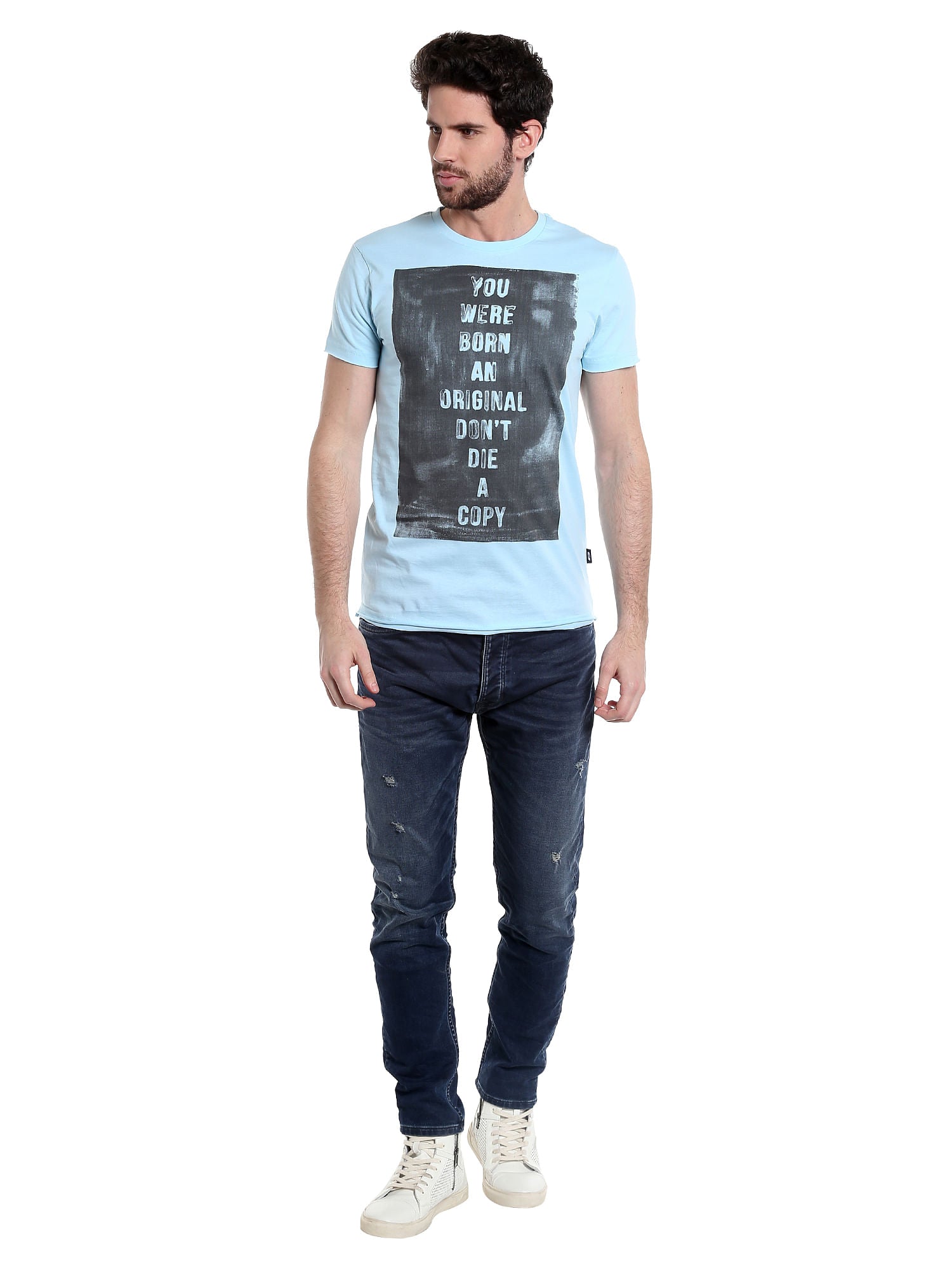 Blue Slogan Print Crew Neck T-Shirt