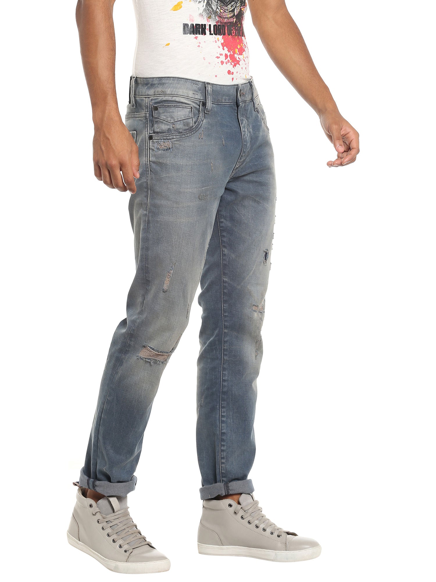 Distressed Low Rise Slim Blue Jeans