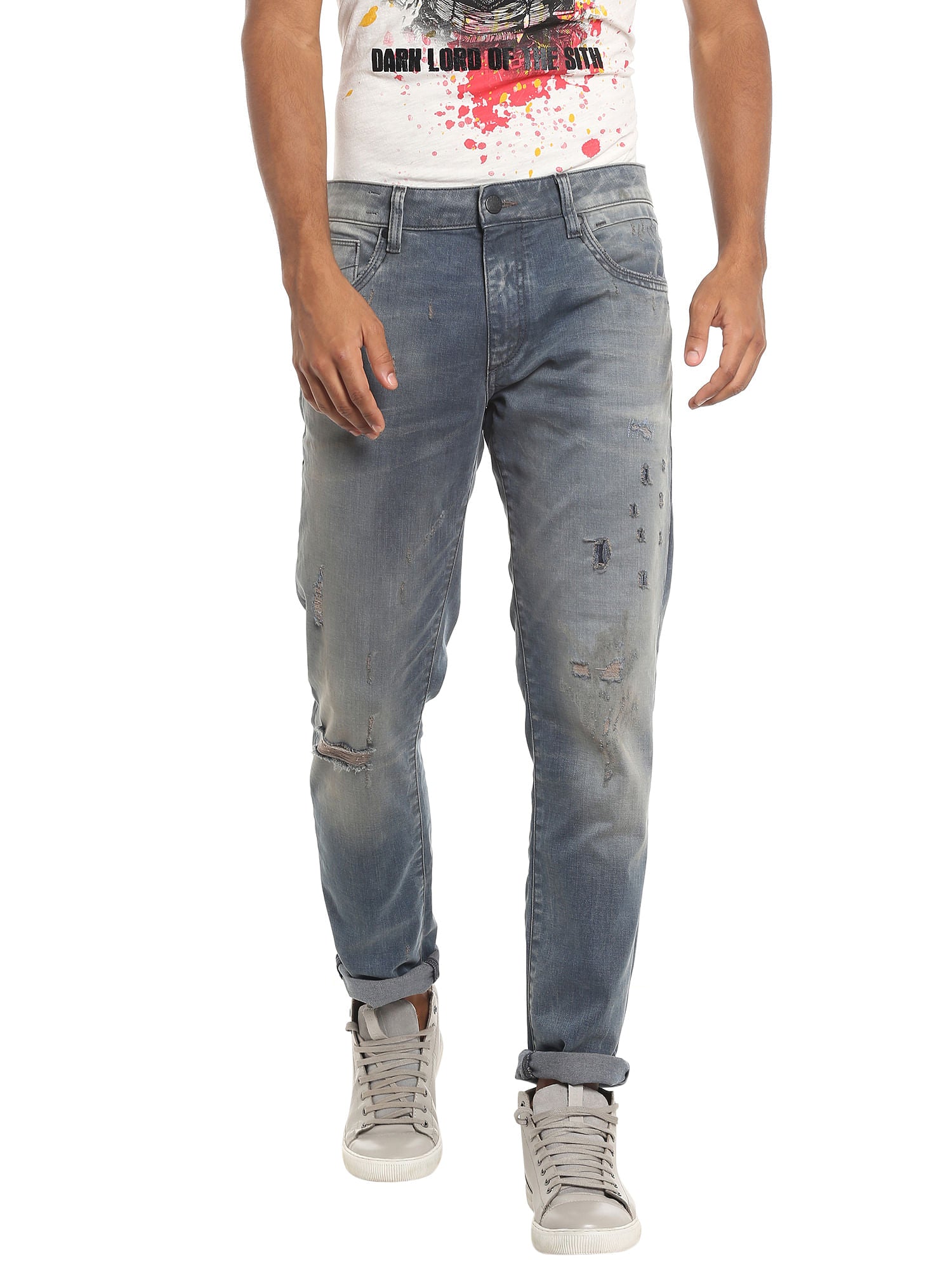 Distressed Low Rise Slim Blue Jeans