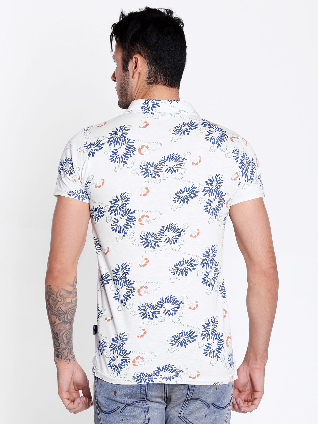 White Floral Print Polo Neck T-Shirt