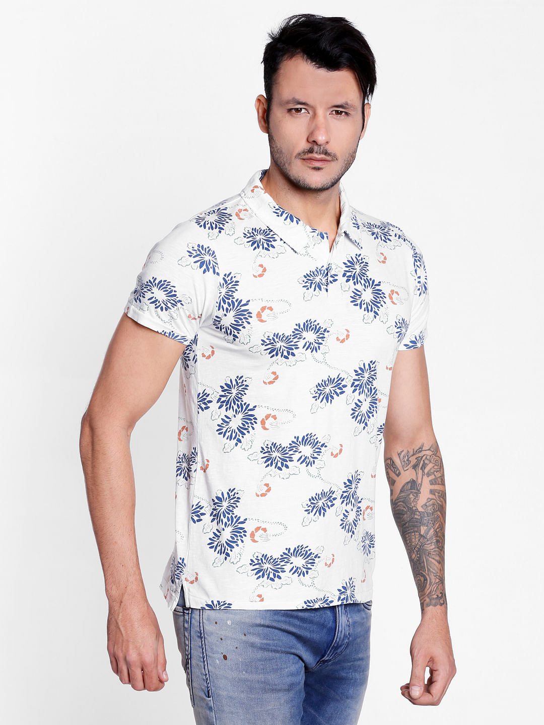 White Floral Print Polo Neck T-Shirt