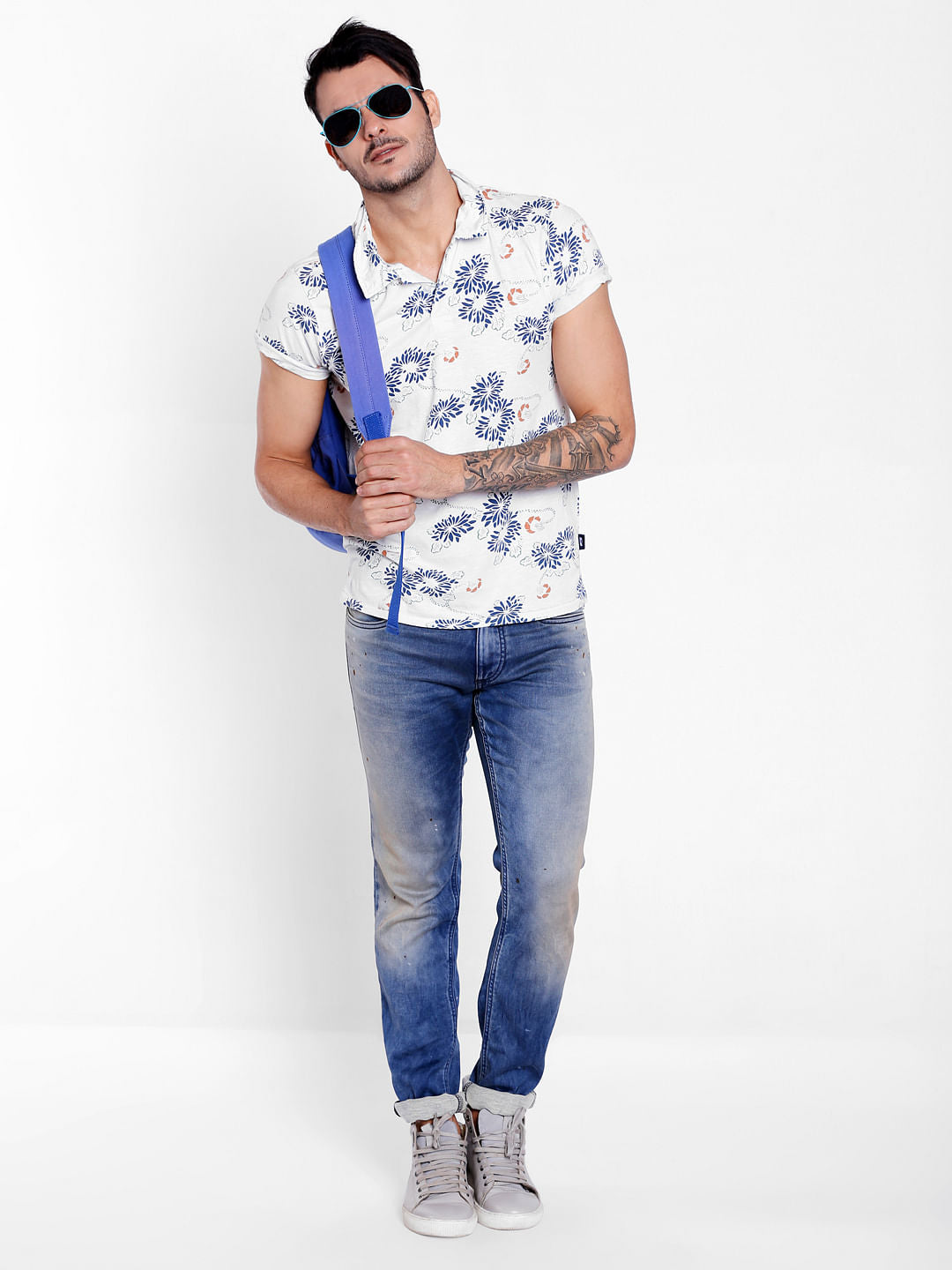 White Floral Print Polo Neck T-Shirt