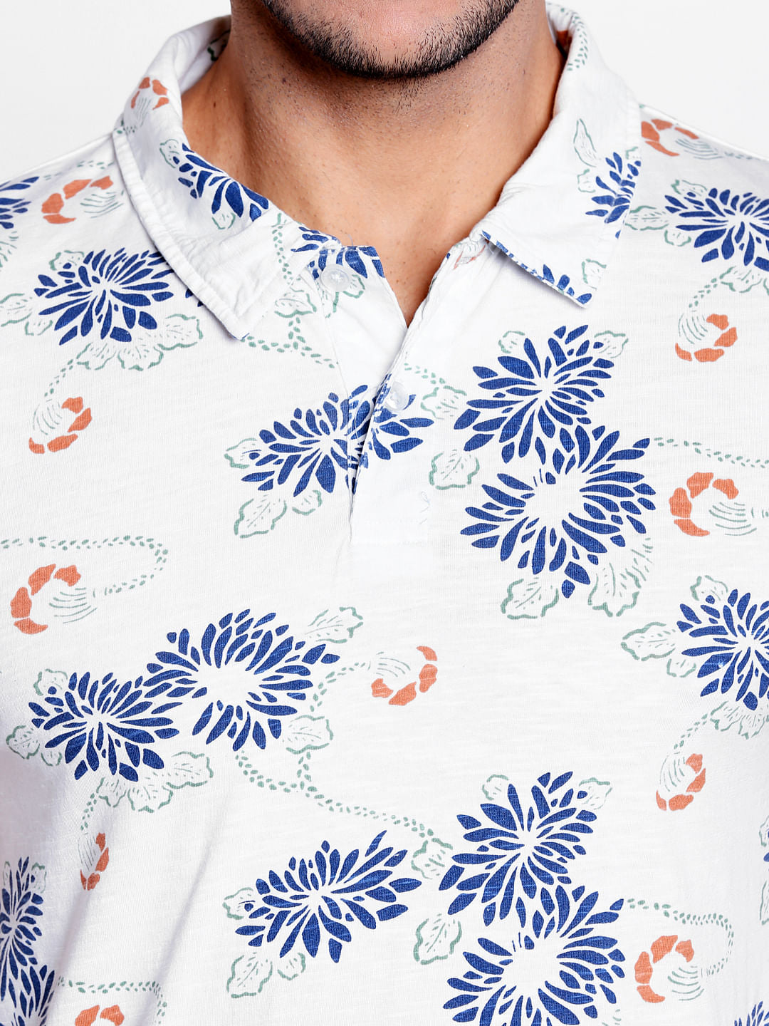 White Floral Print Polo Neck T-Shirt