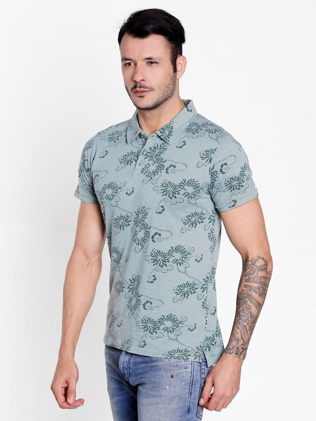 Green Floral Print Polo Neck T-Shirt