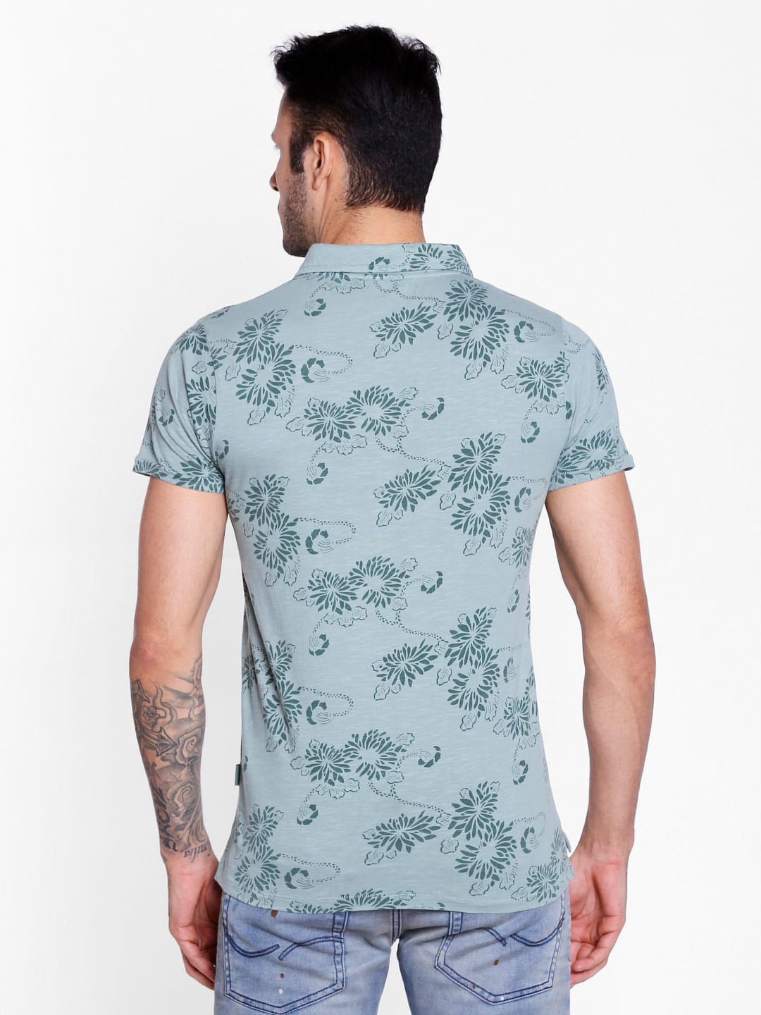 Green Floral Print Polo Neck T-Shirt