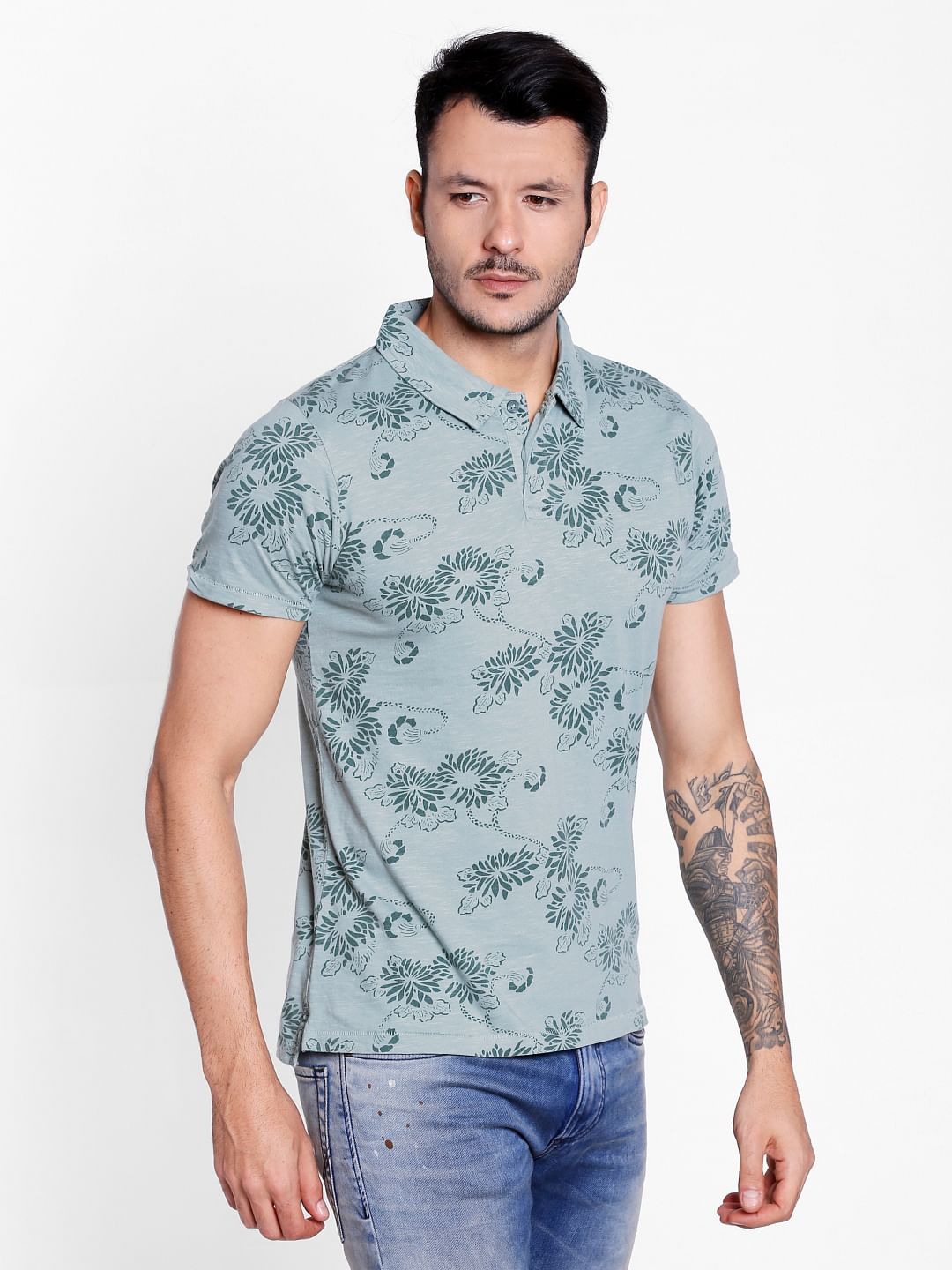 Green Floral Print Polo Neck T-Shirt