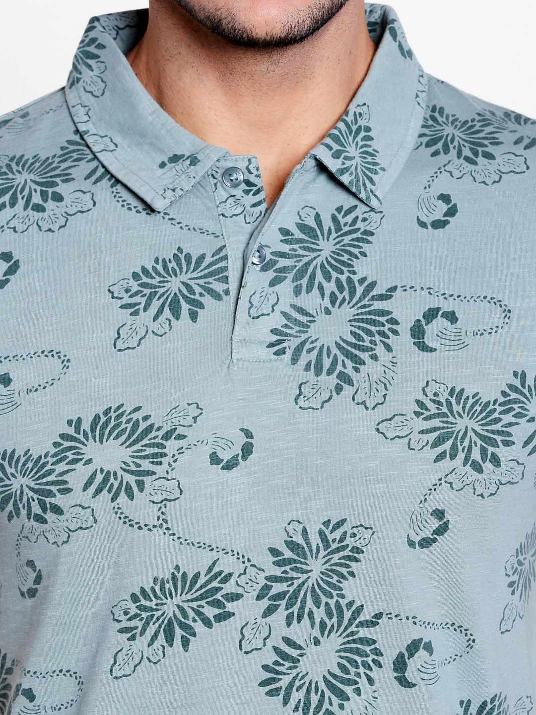Green Floral Print Polo Neck T-Shirt