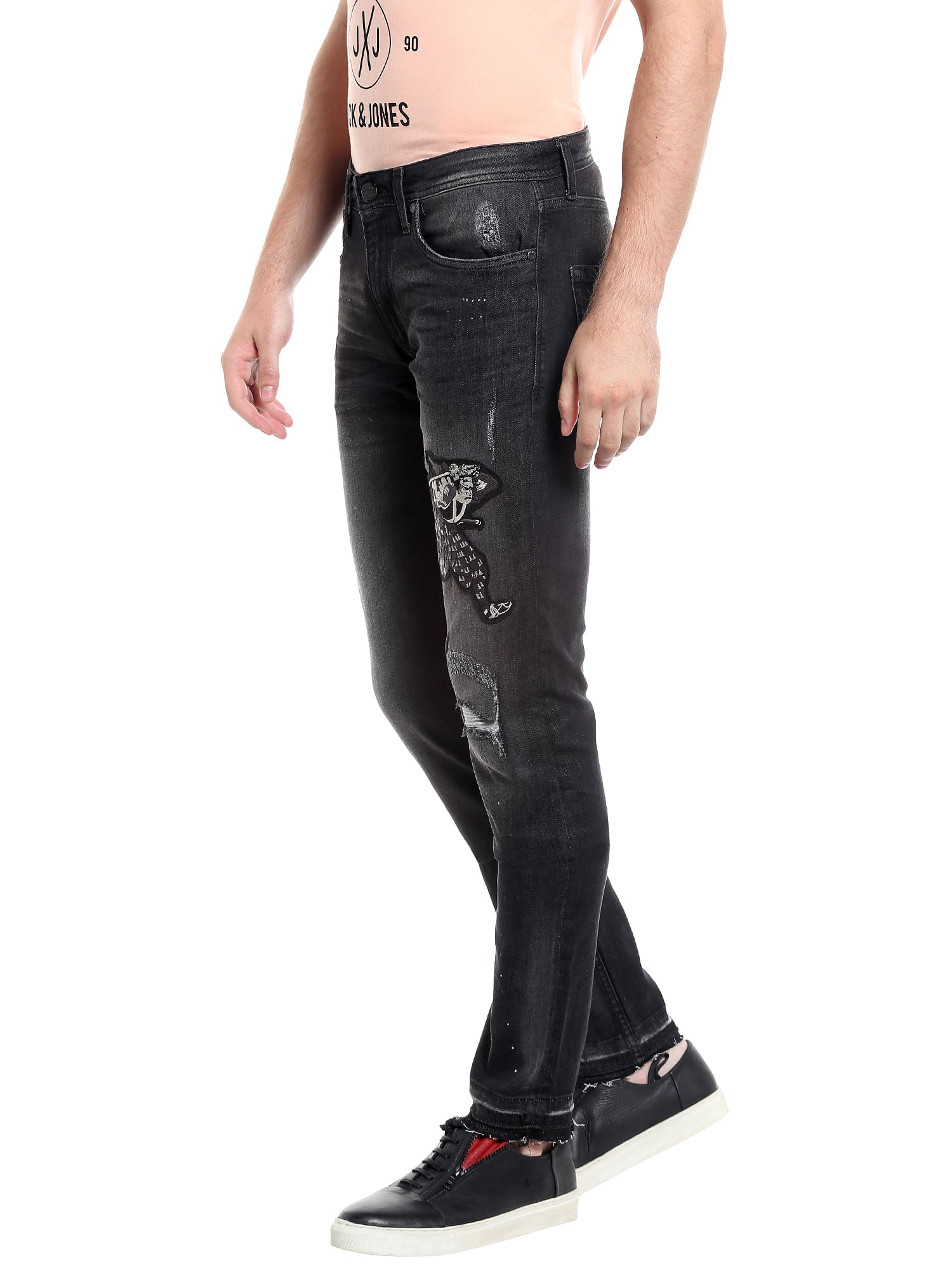 Black Distressed Patchwork Slim Jeans