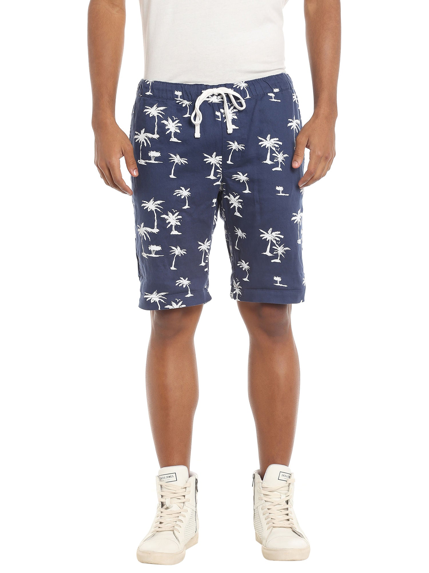 Blue Palm Tree Print Drawstring Shorts