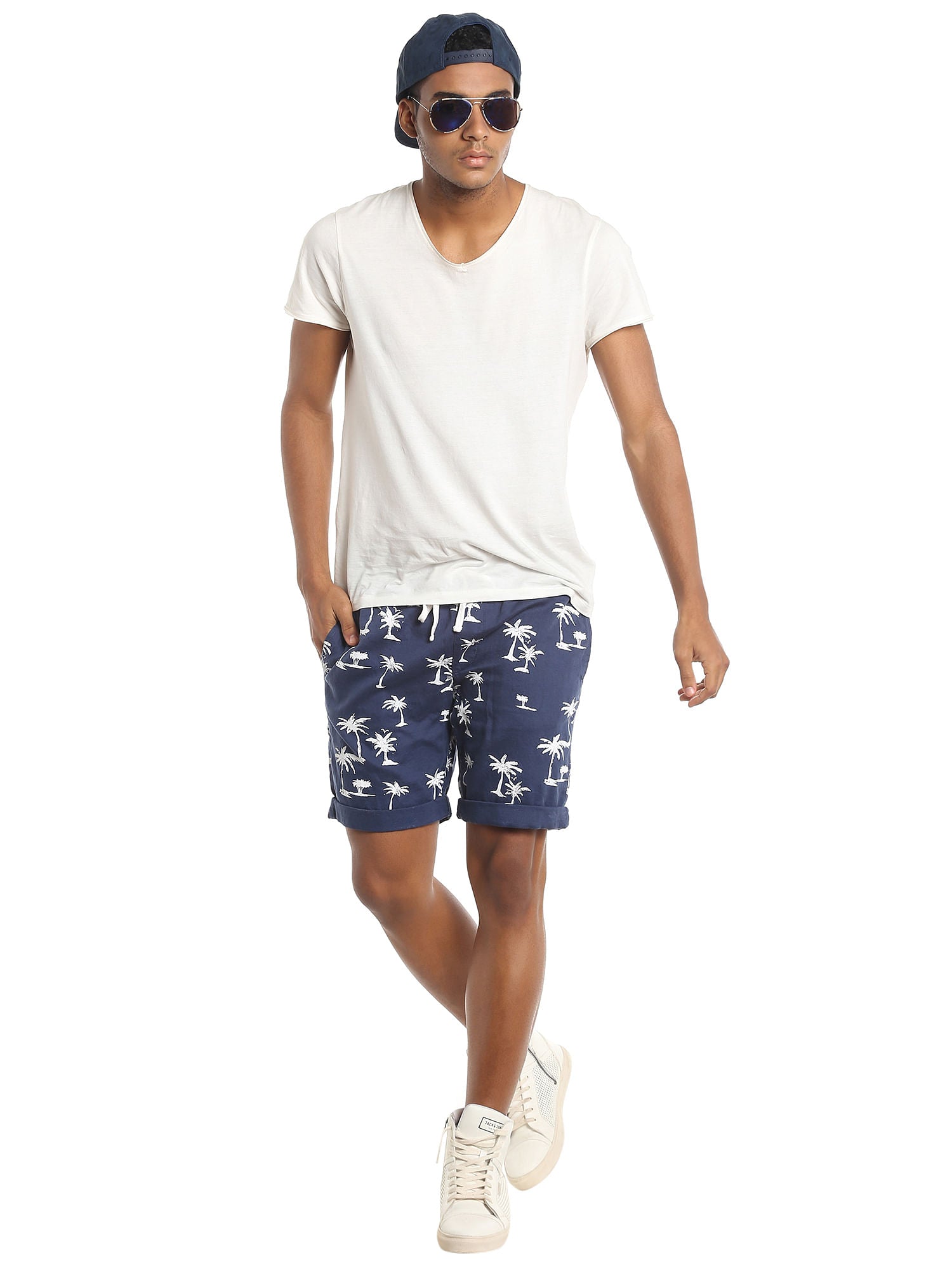 Blue Palm Tree Print Drawstring Shorts