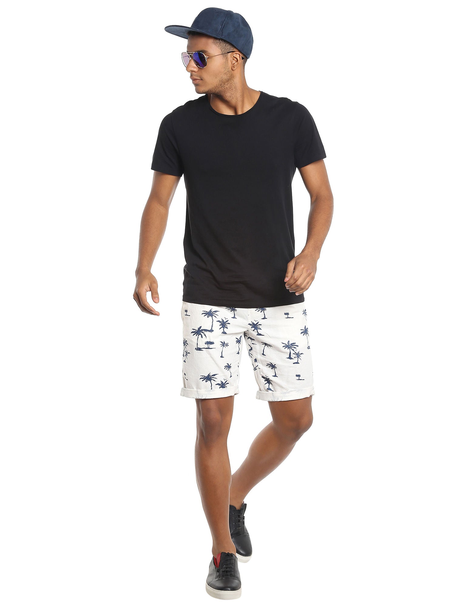White Palm Tree Print Drawstring Shorts