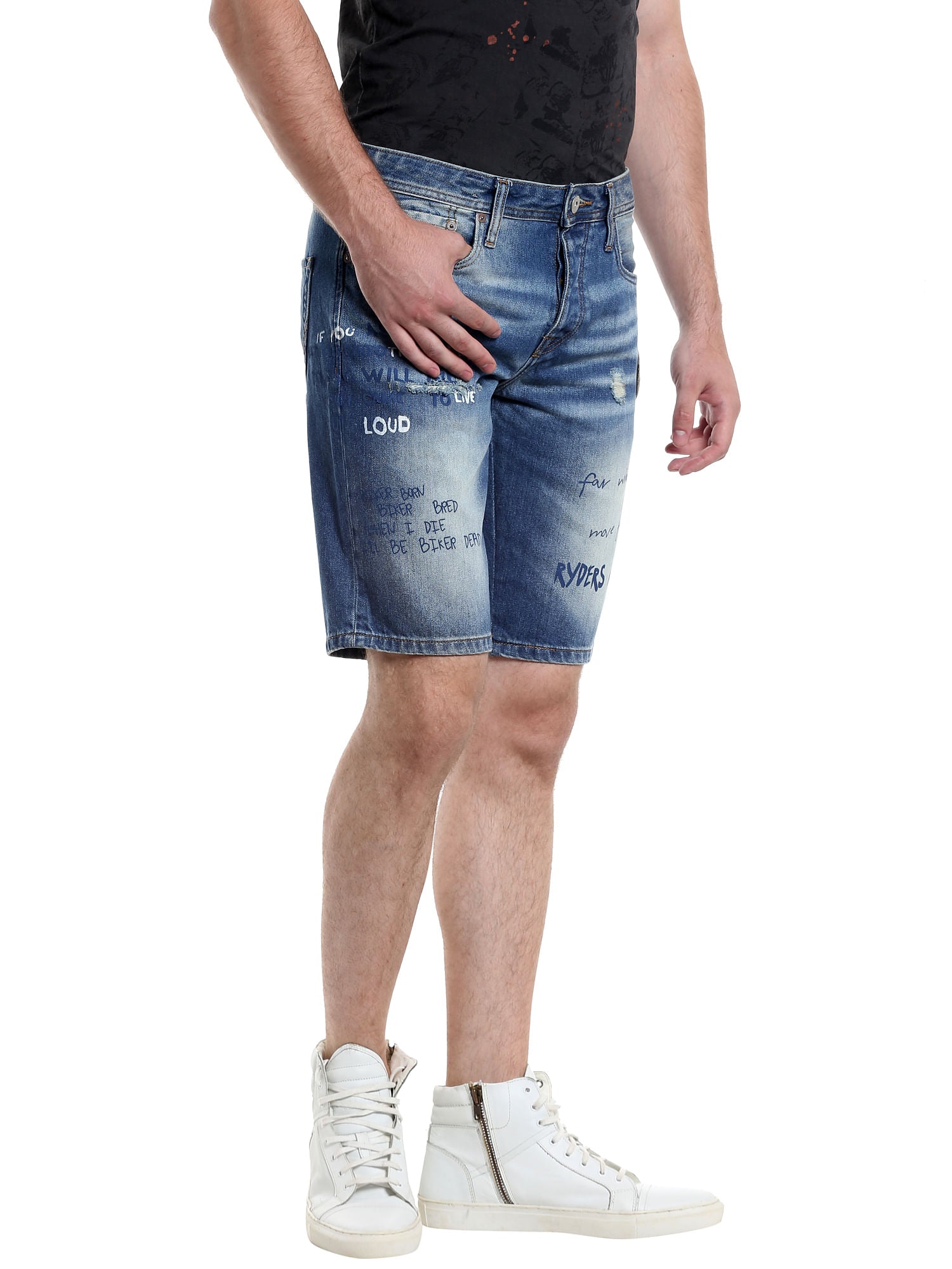 Blue Slogan Print Denim Shorts