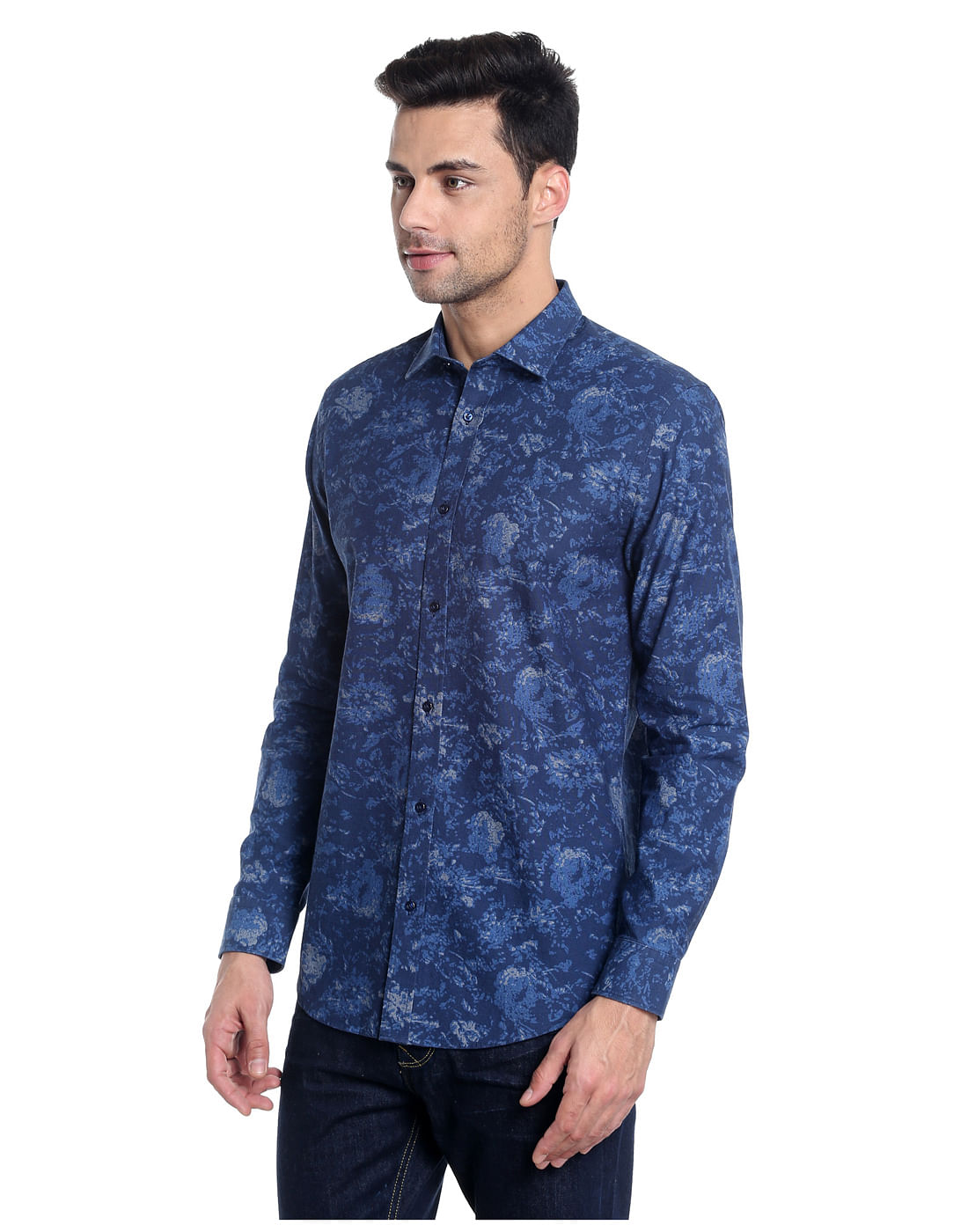 Dark Blue Denim Printed Slim Shirt