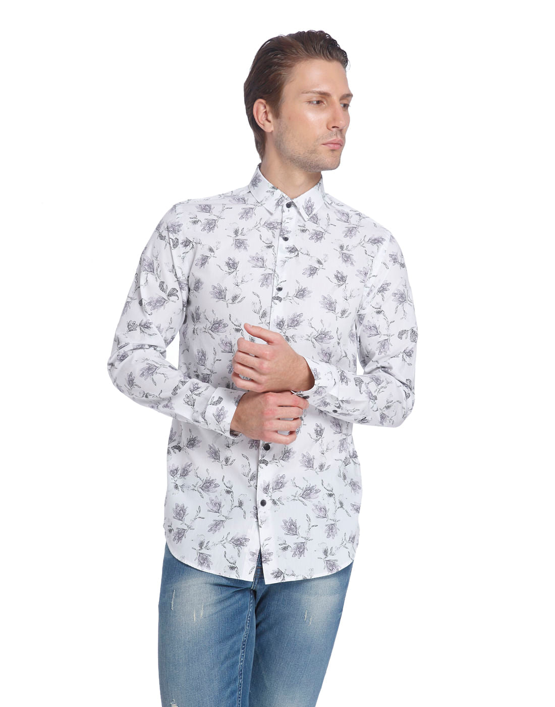 White Floral Print Slim Fit Shirt
