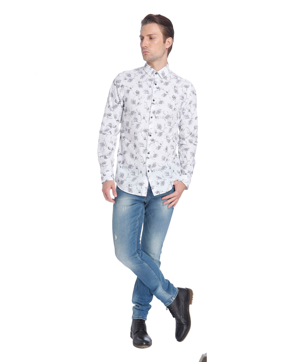 White Floral Print Slim Fit Shirt