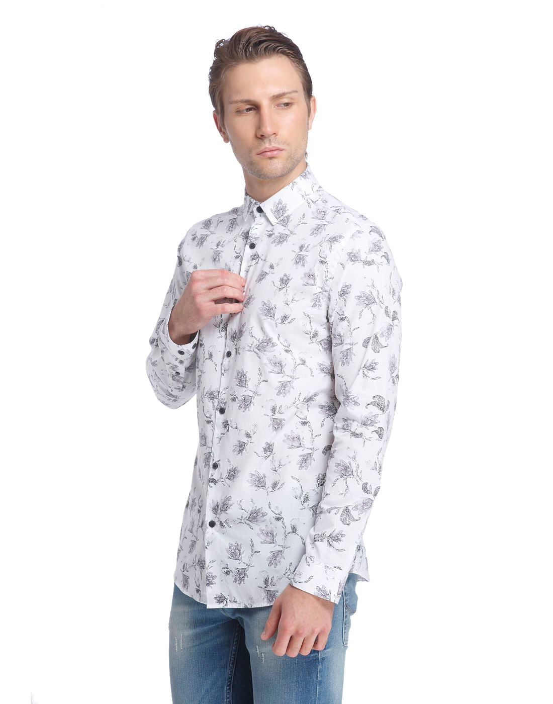 White Floral Print Slim Fit Shirt