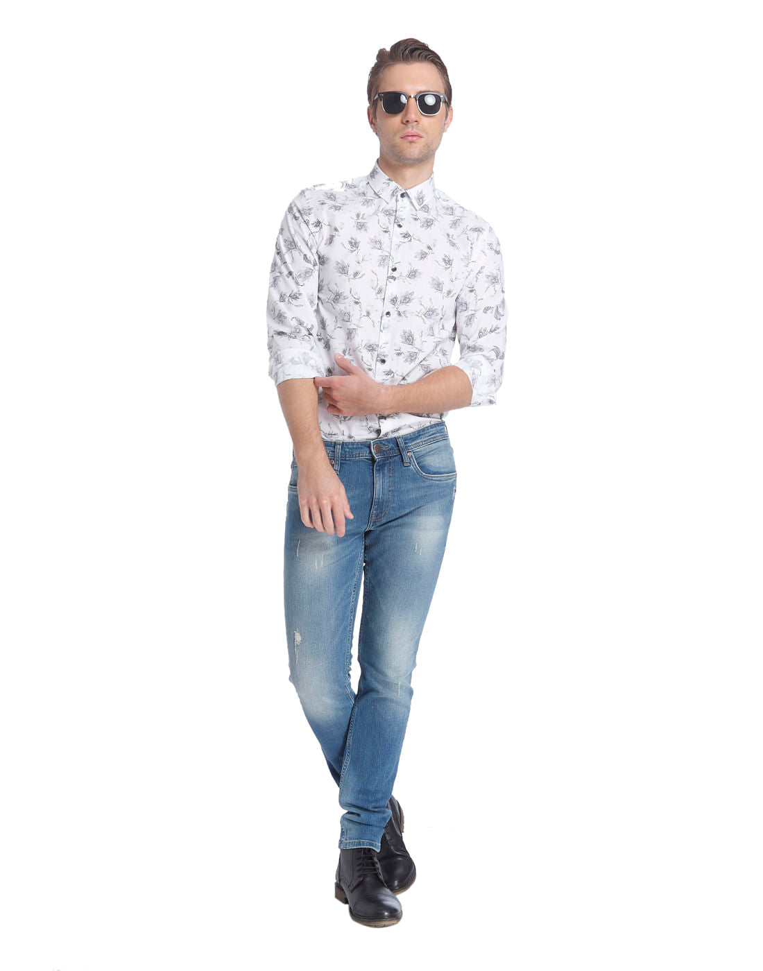 White Floral Print Slim Fit Shirt