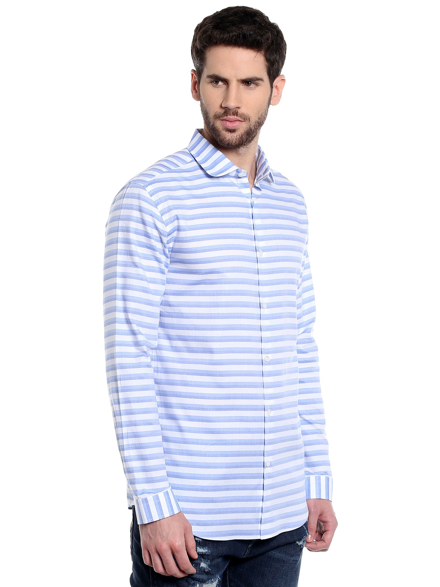 White & Blue Striped Slim Fit Shirt