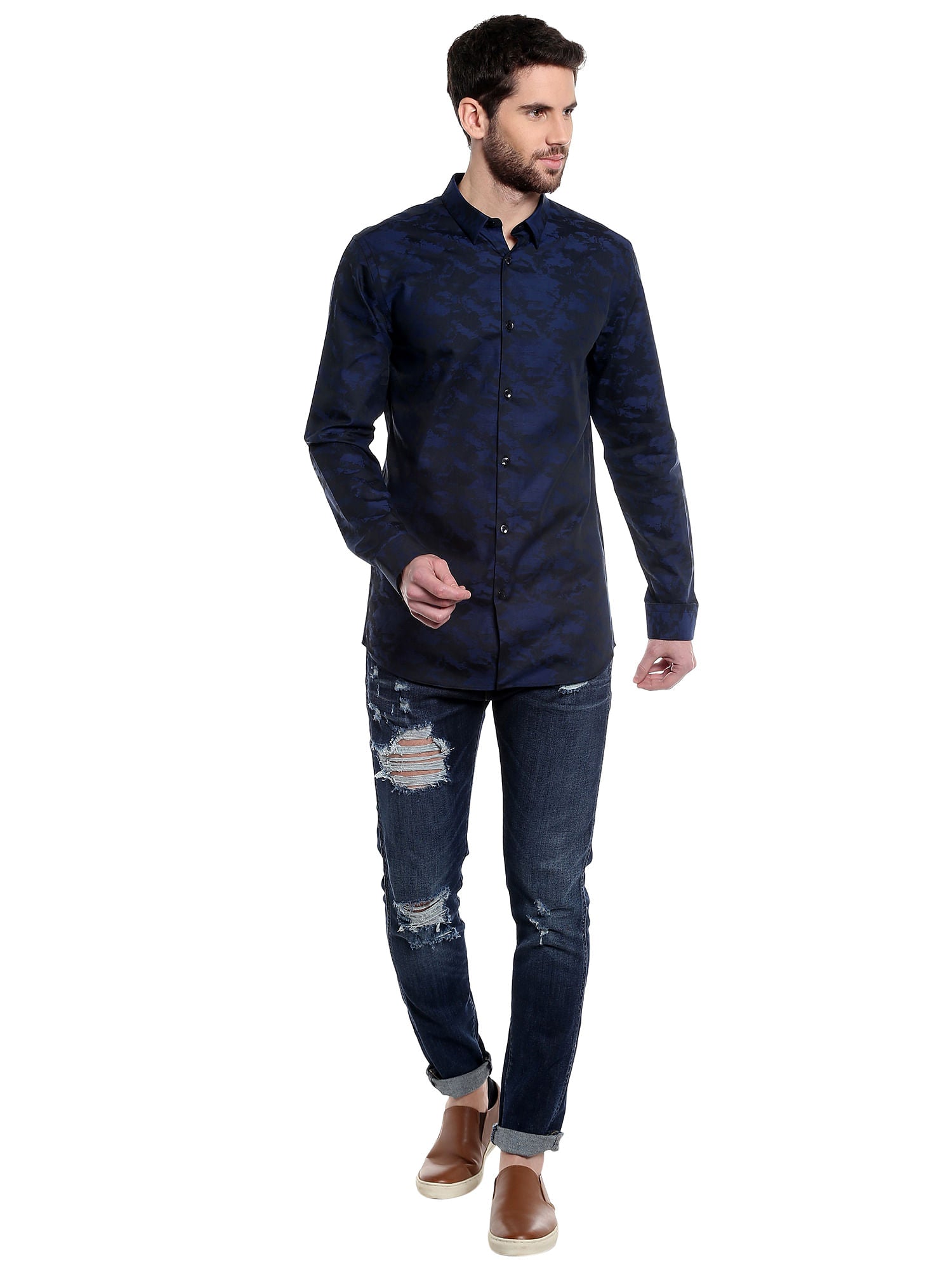 Dark Blue Printed Slim Fit Shirt