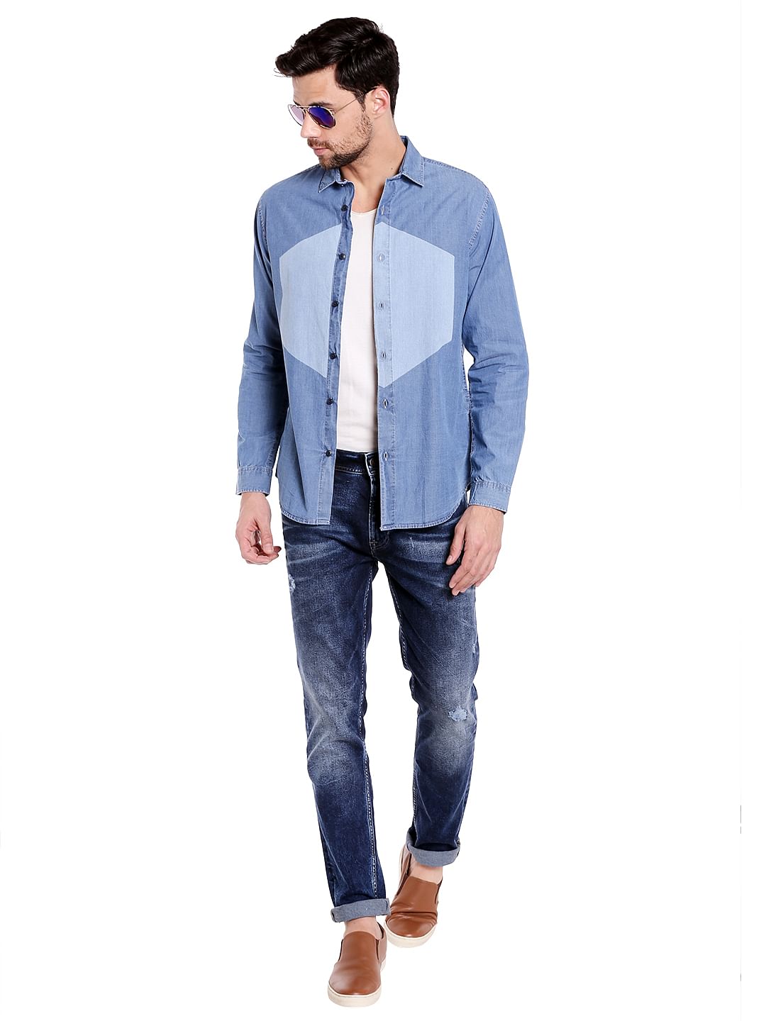 Dark Blue Colour Blocked Denim Shirt