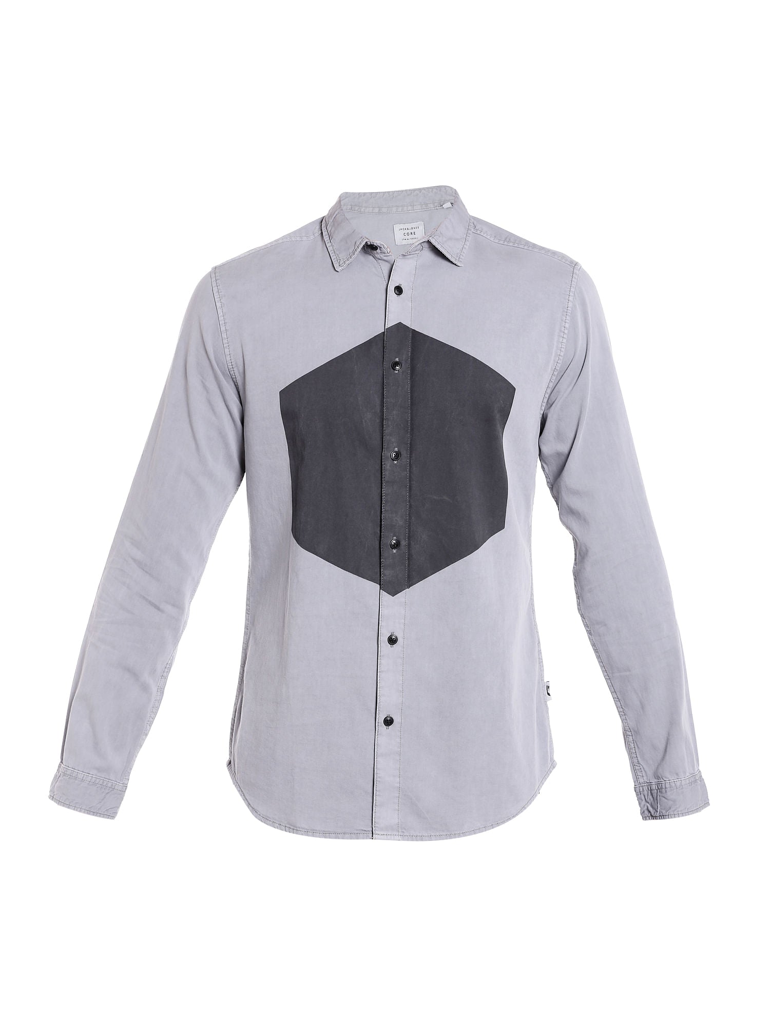 Grey Colour Blocked Denim Shirt