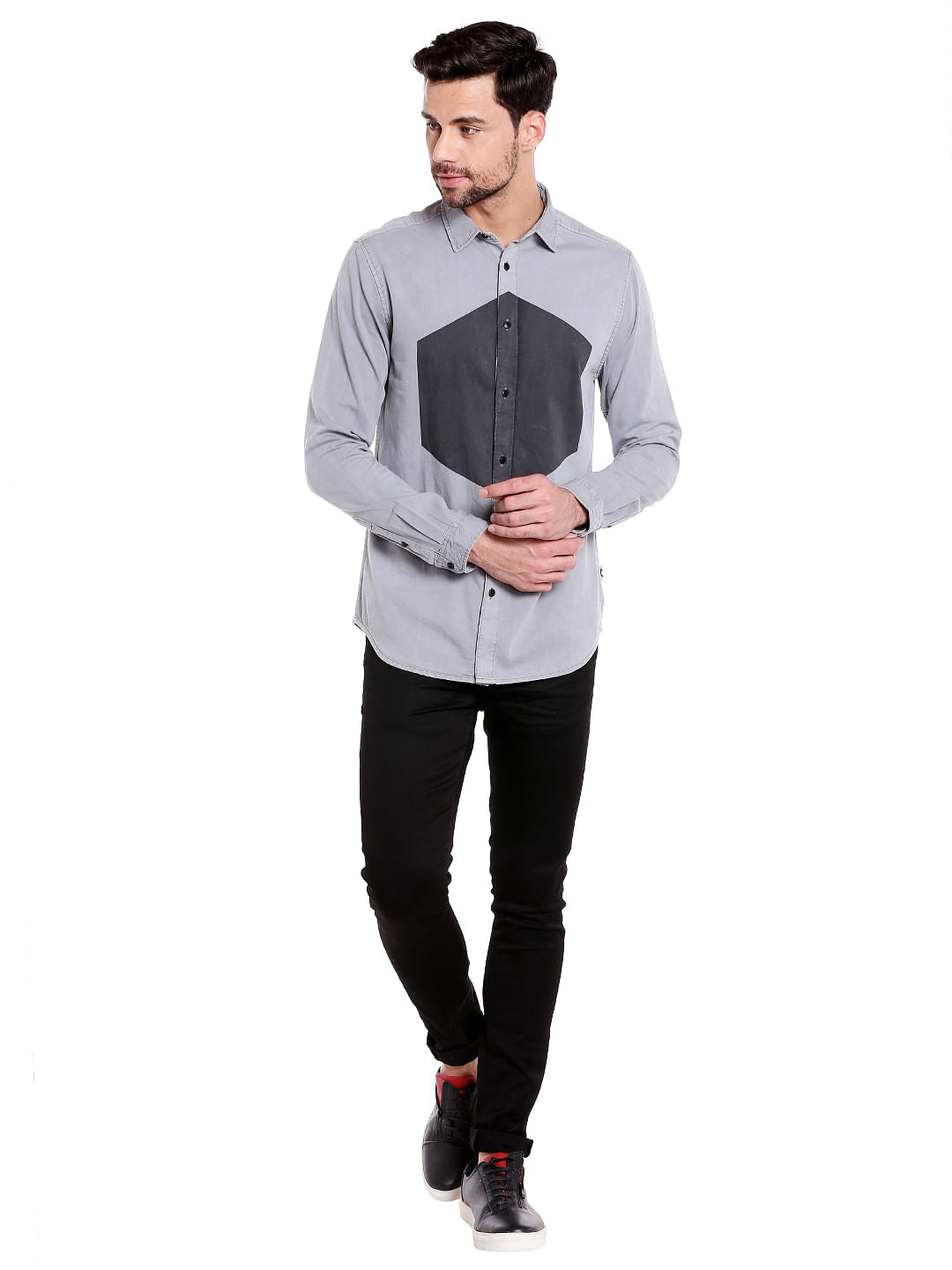 Grey Colour Blocked Denim Shirt