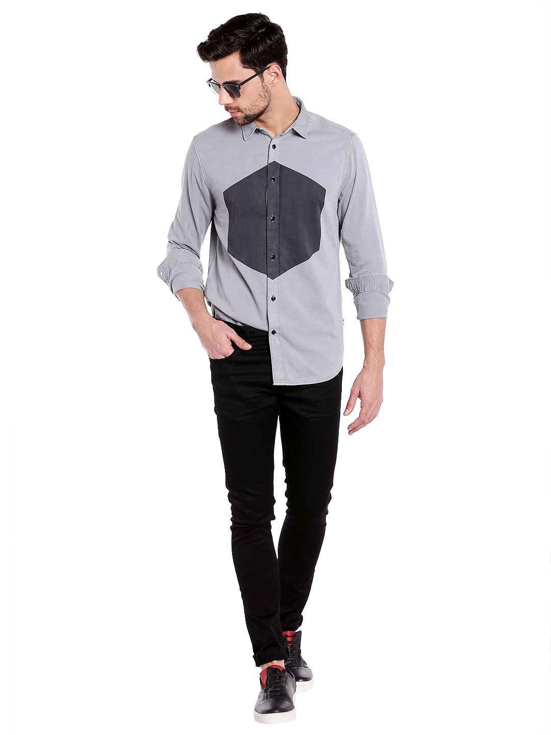 Grey Colour Blocked Denim Shirt