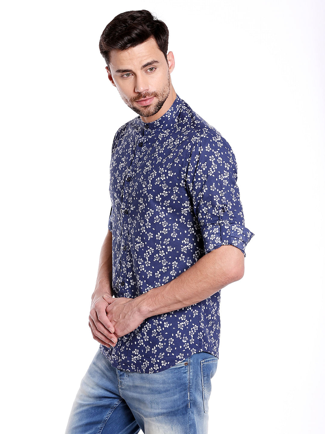 Blue Floral Print Long Sleeves Shirt
