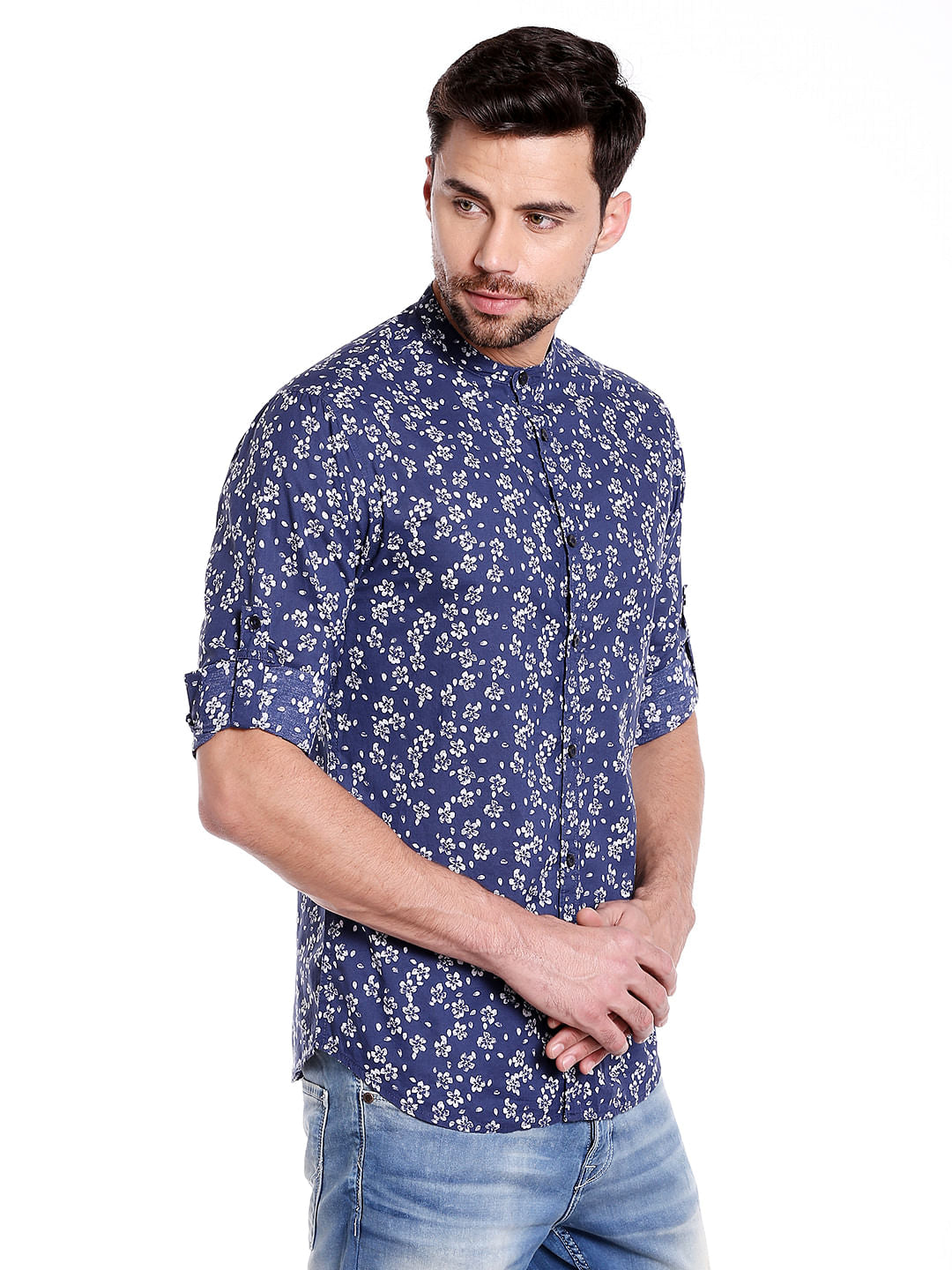 Blue Floral Print Long Sleeves Shirt
