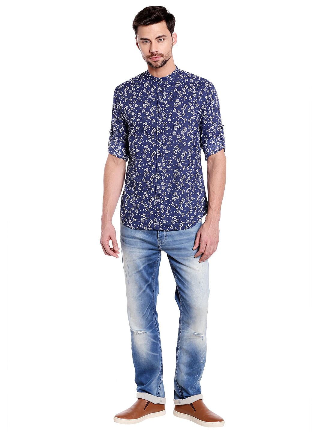 Blue Floral Print Long Sleeves Shirt