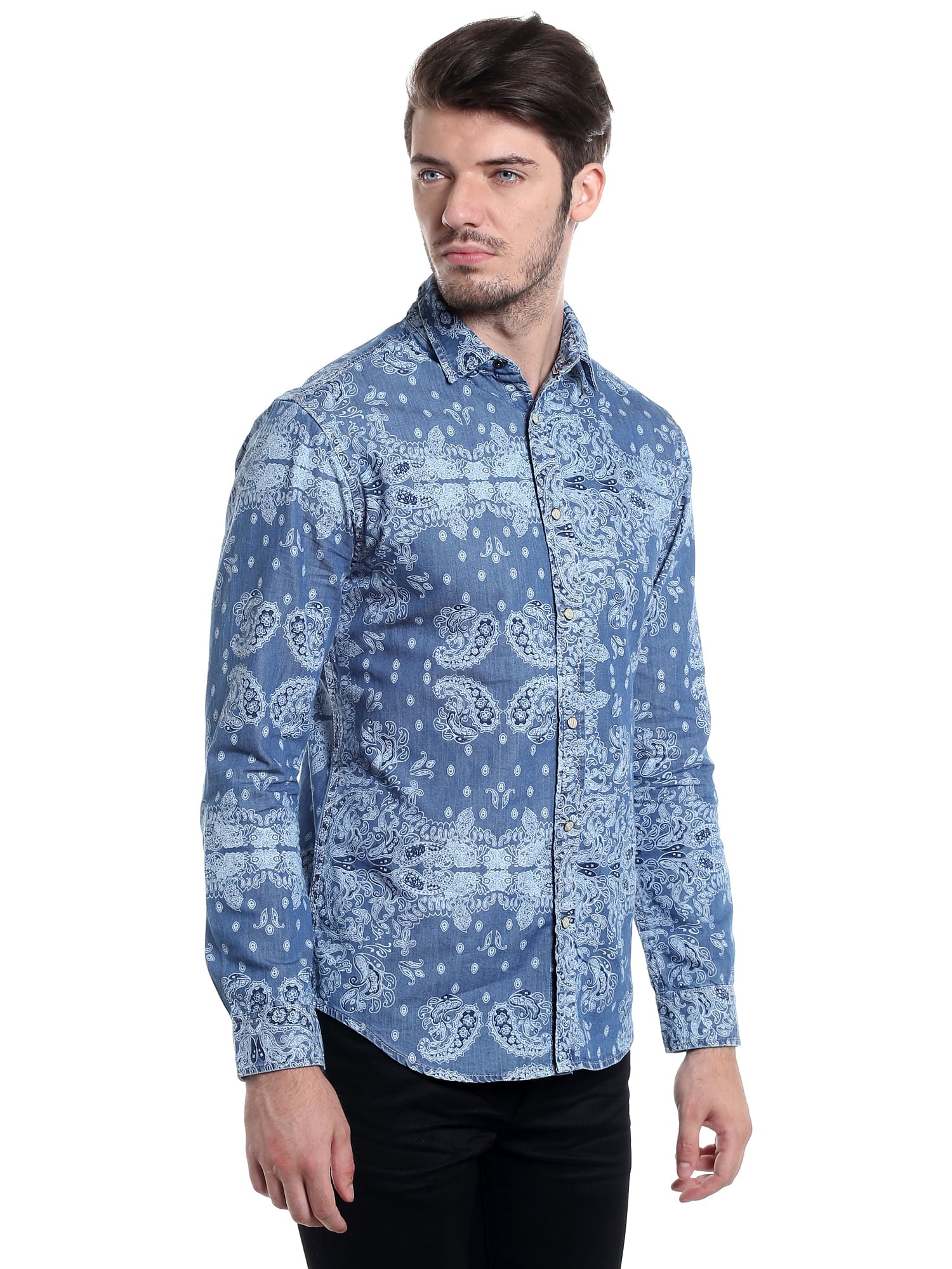 Baroque Print Blue Denim Shirt