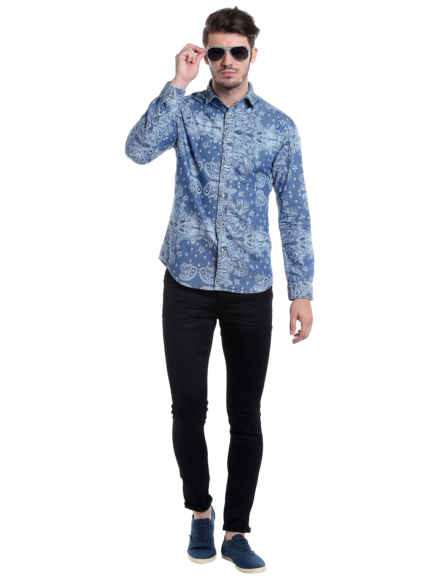 Baroque Print Blue Denim Shirt