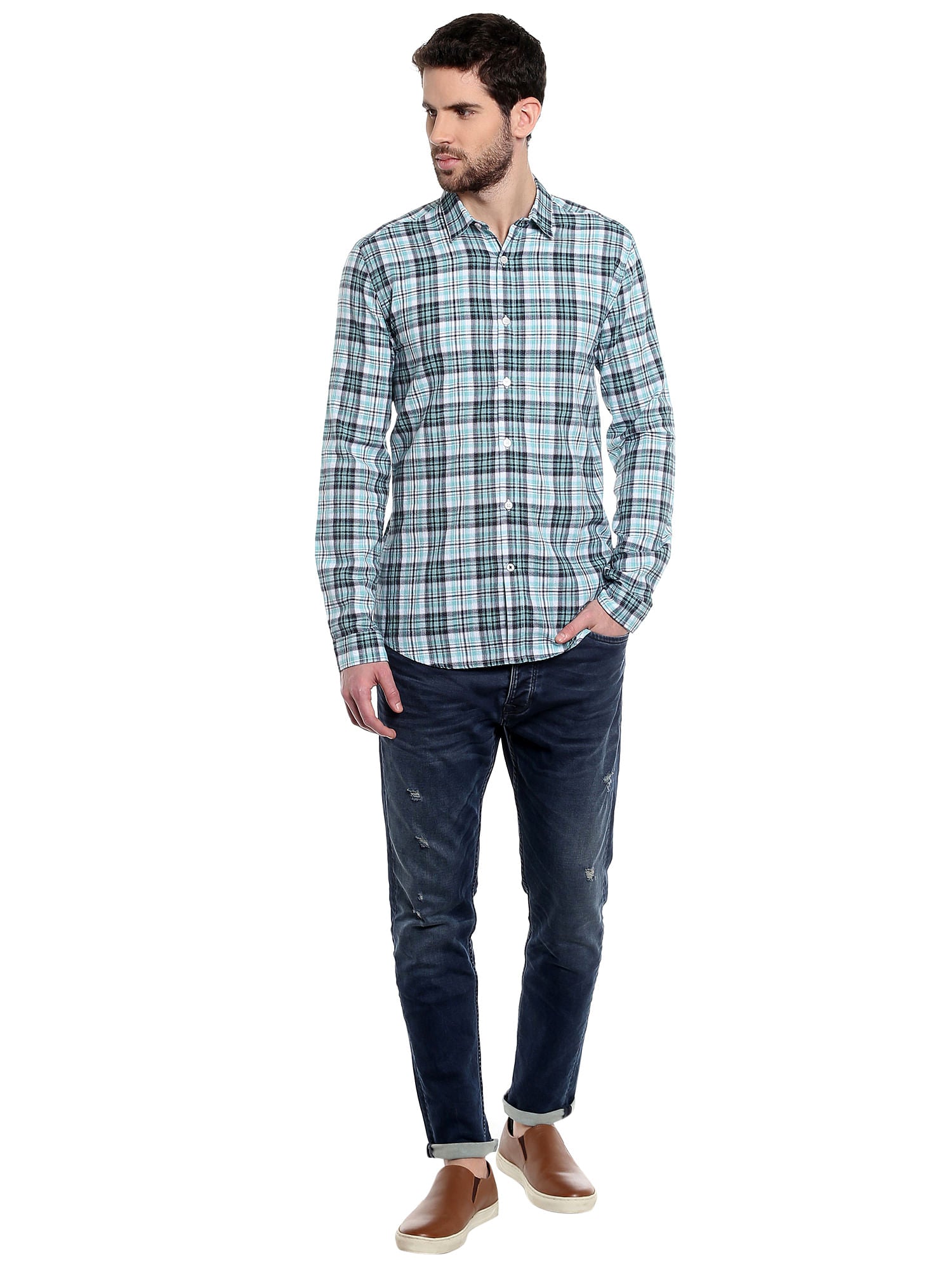 Aqua Blue Long Sleeves Check Shirt