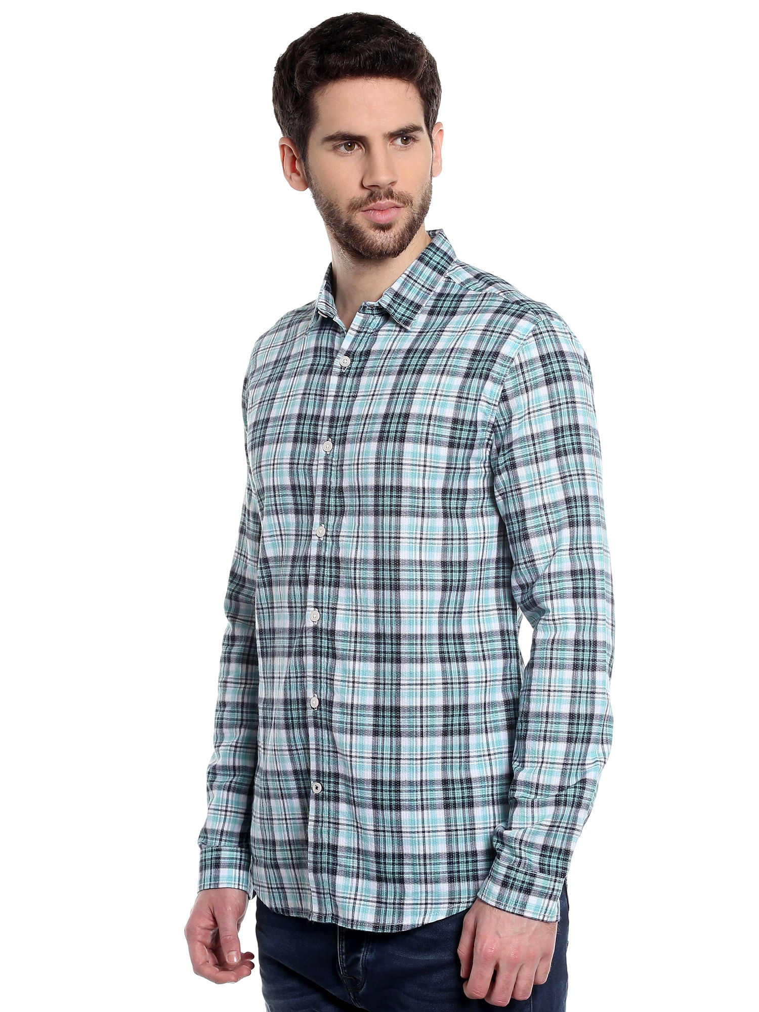 Aqua Blue Long Sleeves Check Shirt